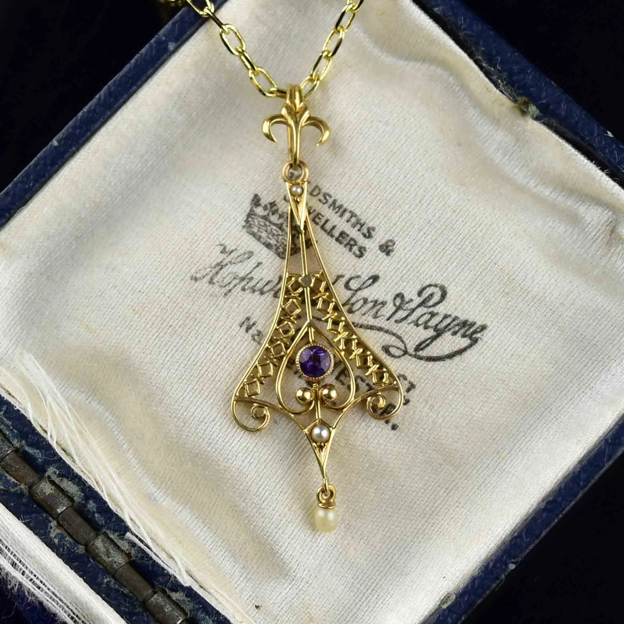 14K Gold Pearl Amethyst Lavalier Pendant Necklace