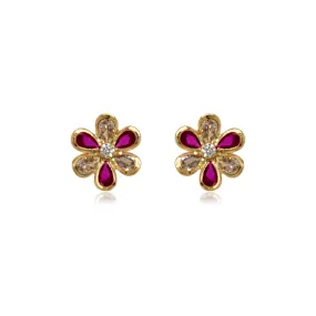 14k Gold Ruby and Clear CZ Flower Stud Earrings