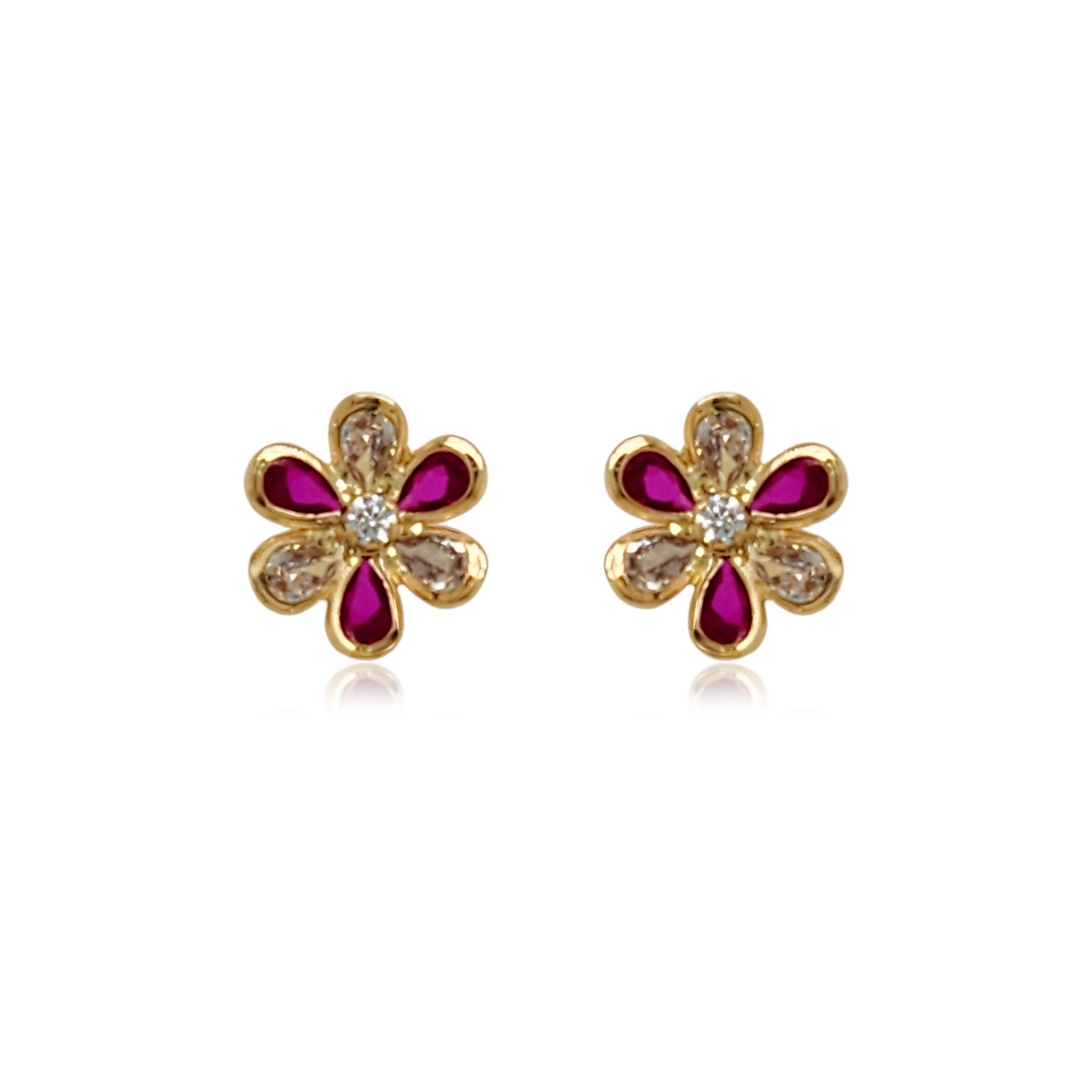 14k Gold Ruby and Clear CZ Flower Stud Earrings