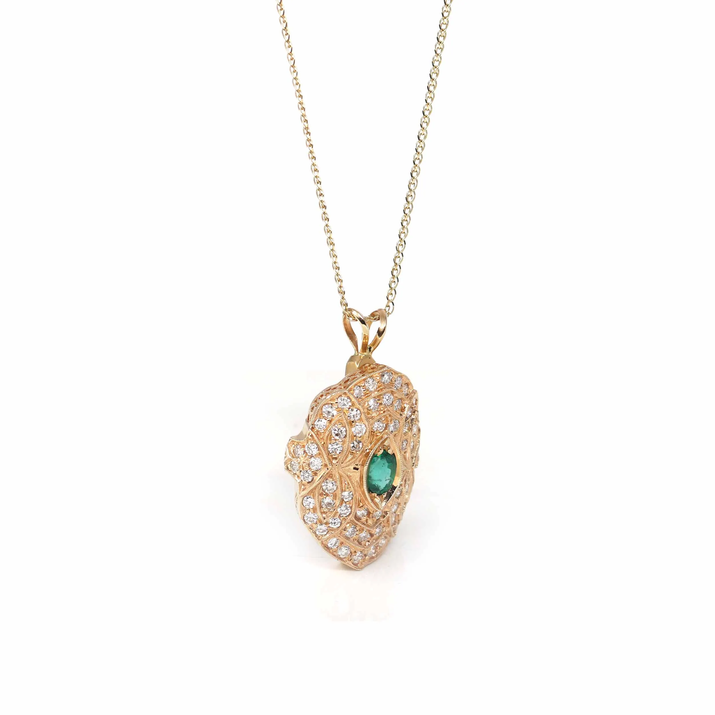 14k Yellow Gold "A" Emerald Pendant Necklace With Diamonds