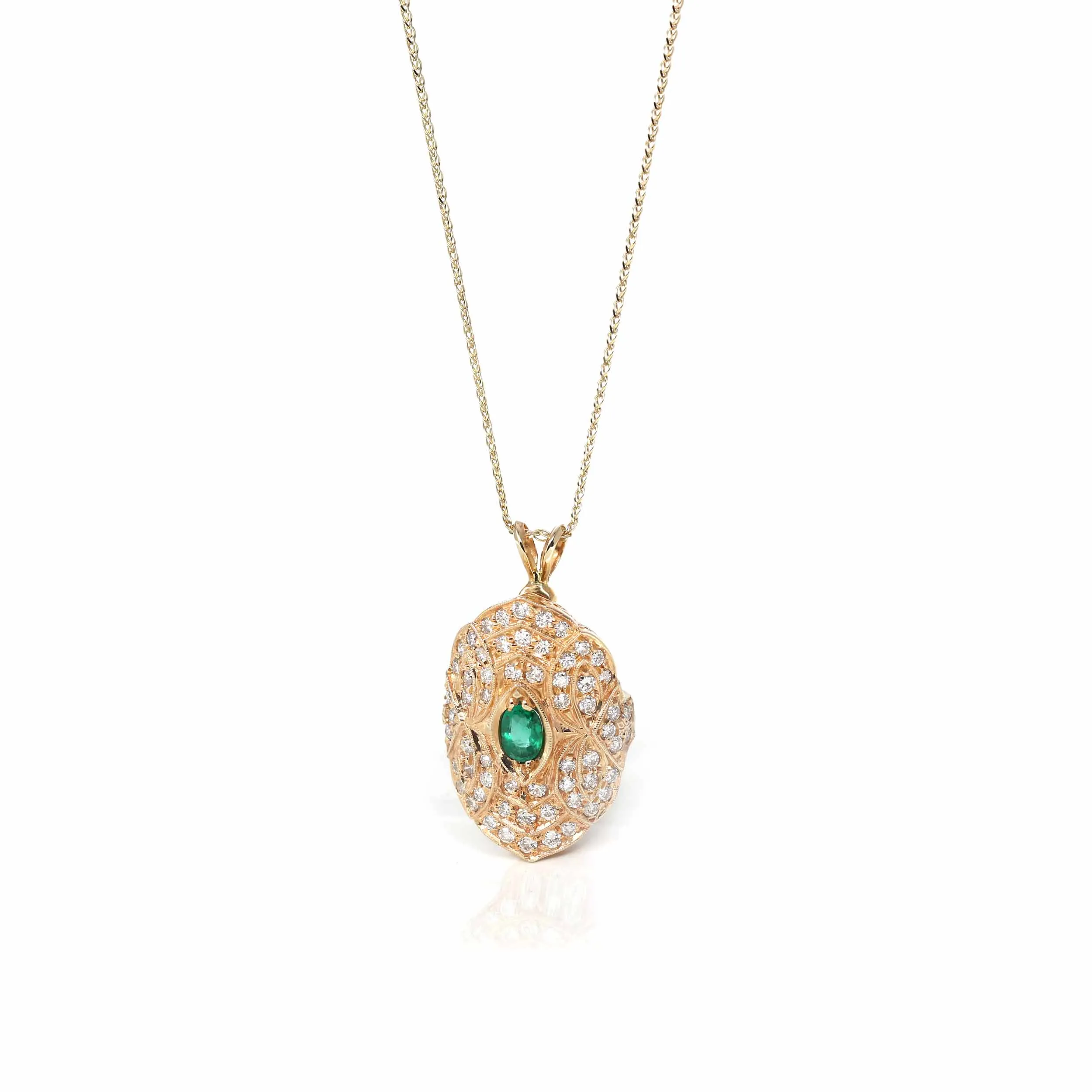 14k Yellow Gold "A" Emerald Pendant Necklace With Diamonds