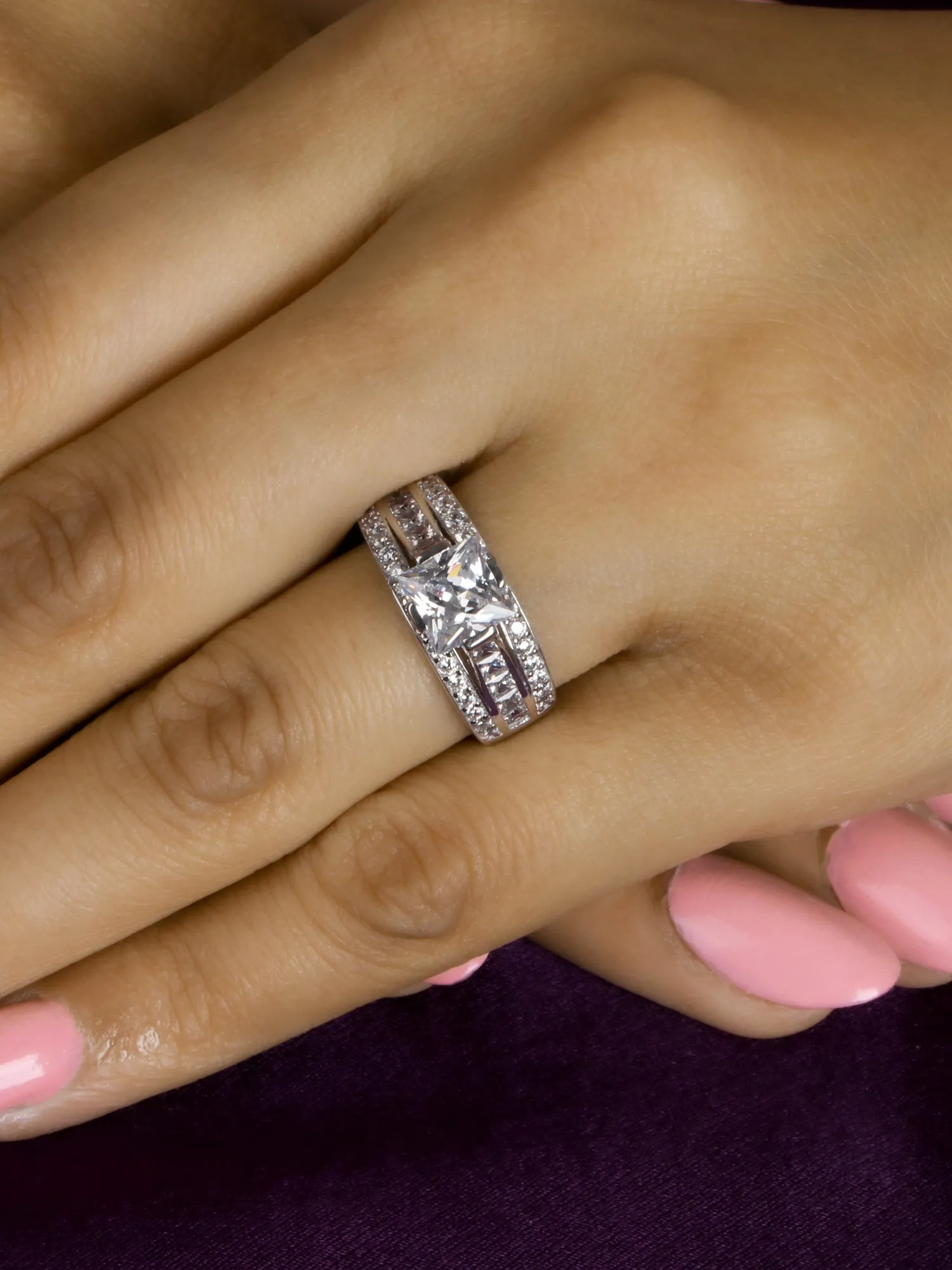 1.5 Carat Princess Solitaire Silver Ring With American Diamonds