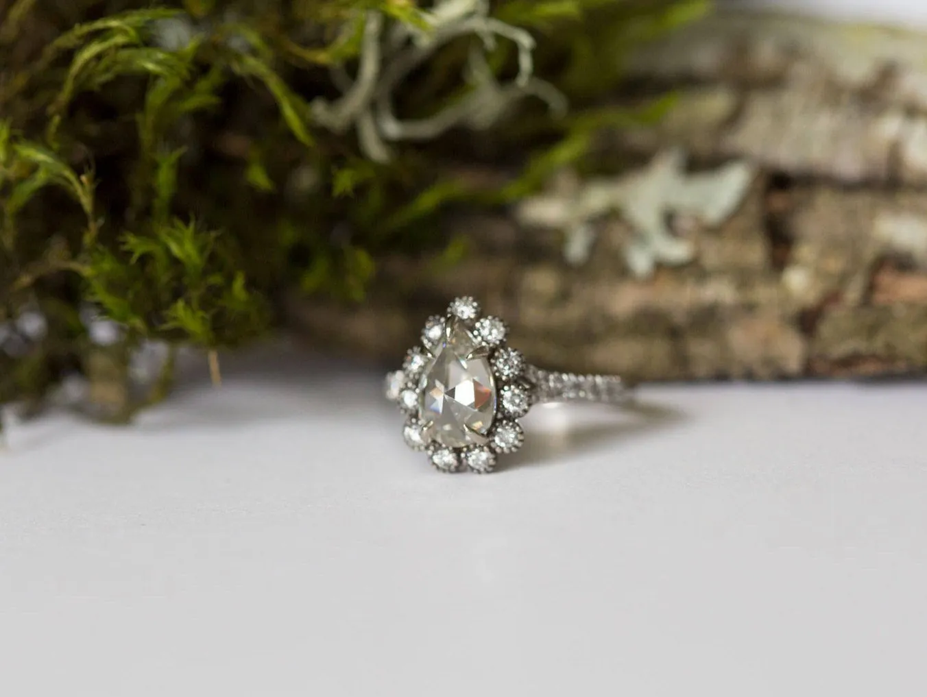 1.5ct Rosecut Moissanite Pear Engagement Ring in Black Rhodium White Gold Diamond Halo - Antique Engagement Ring - Vintage by Anueva Jewelry