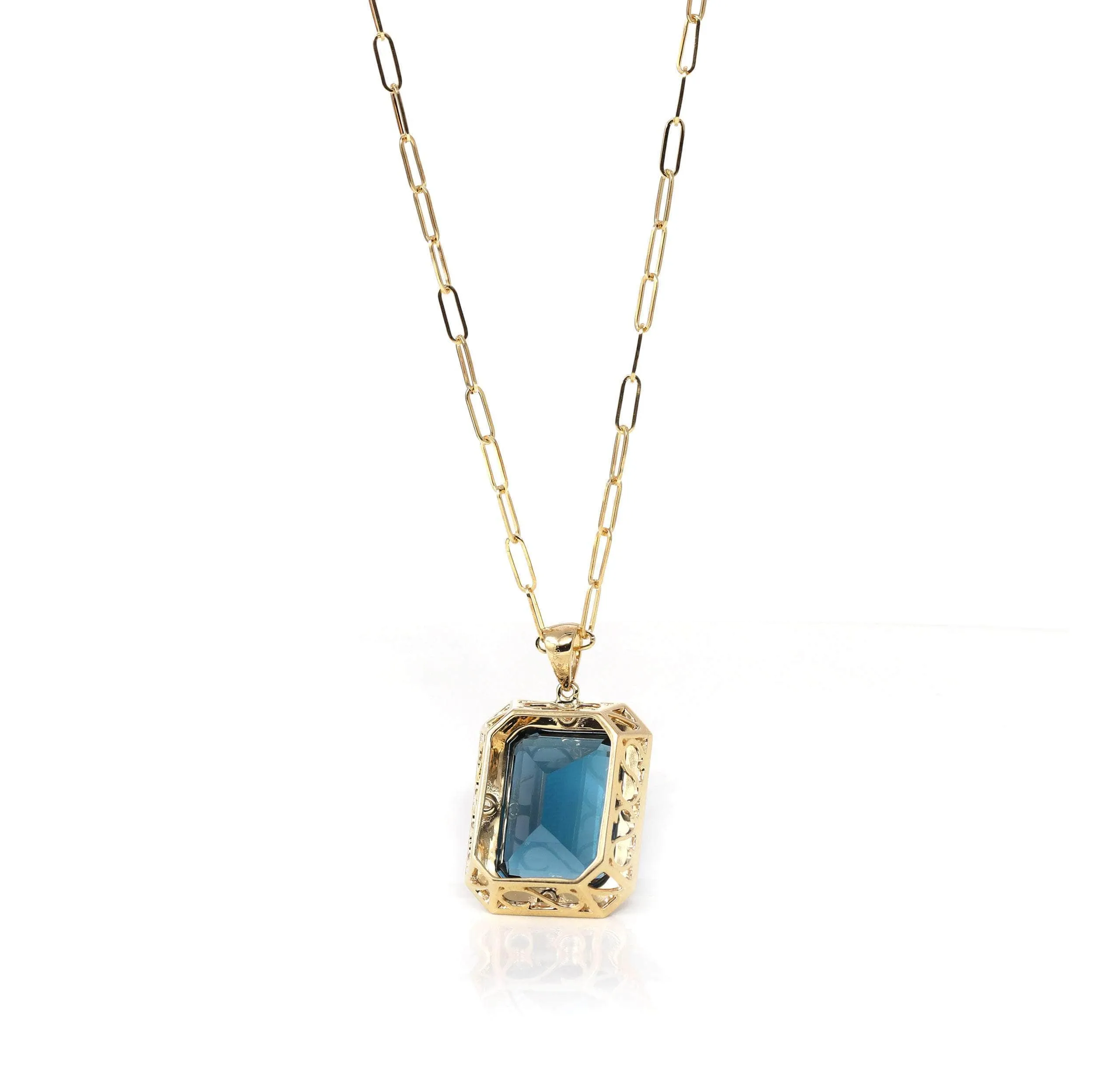 18k Yellow Gold Natural Navy Blue Topaz Emerald Necklace With Diamonds