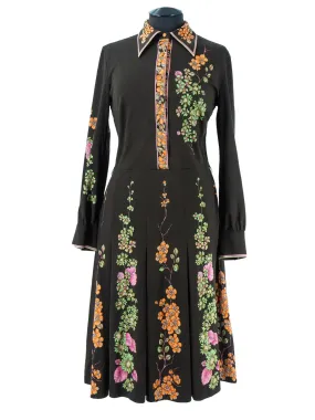 1970s Brown Floral Placement Pattern Dress