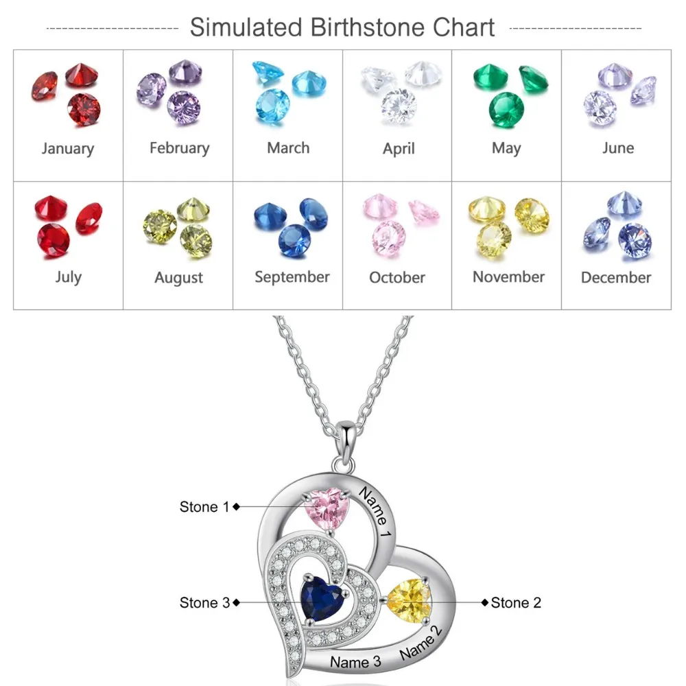 3 Names And 3 Stones Engraving Heart-Shaped Pendant