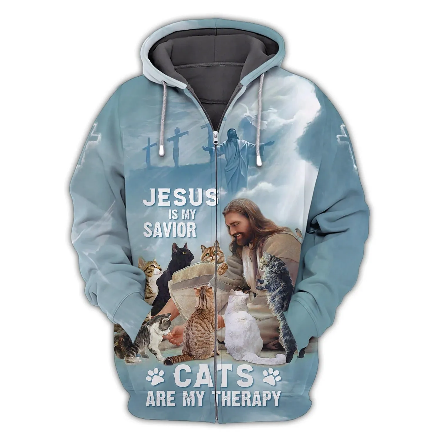 3D All Over Print Cat And Jesus Hoodie, Jesus Is My Savior, Cats are My Therapy Sweatshirt, Cat Tee Shirt