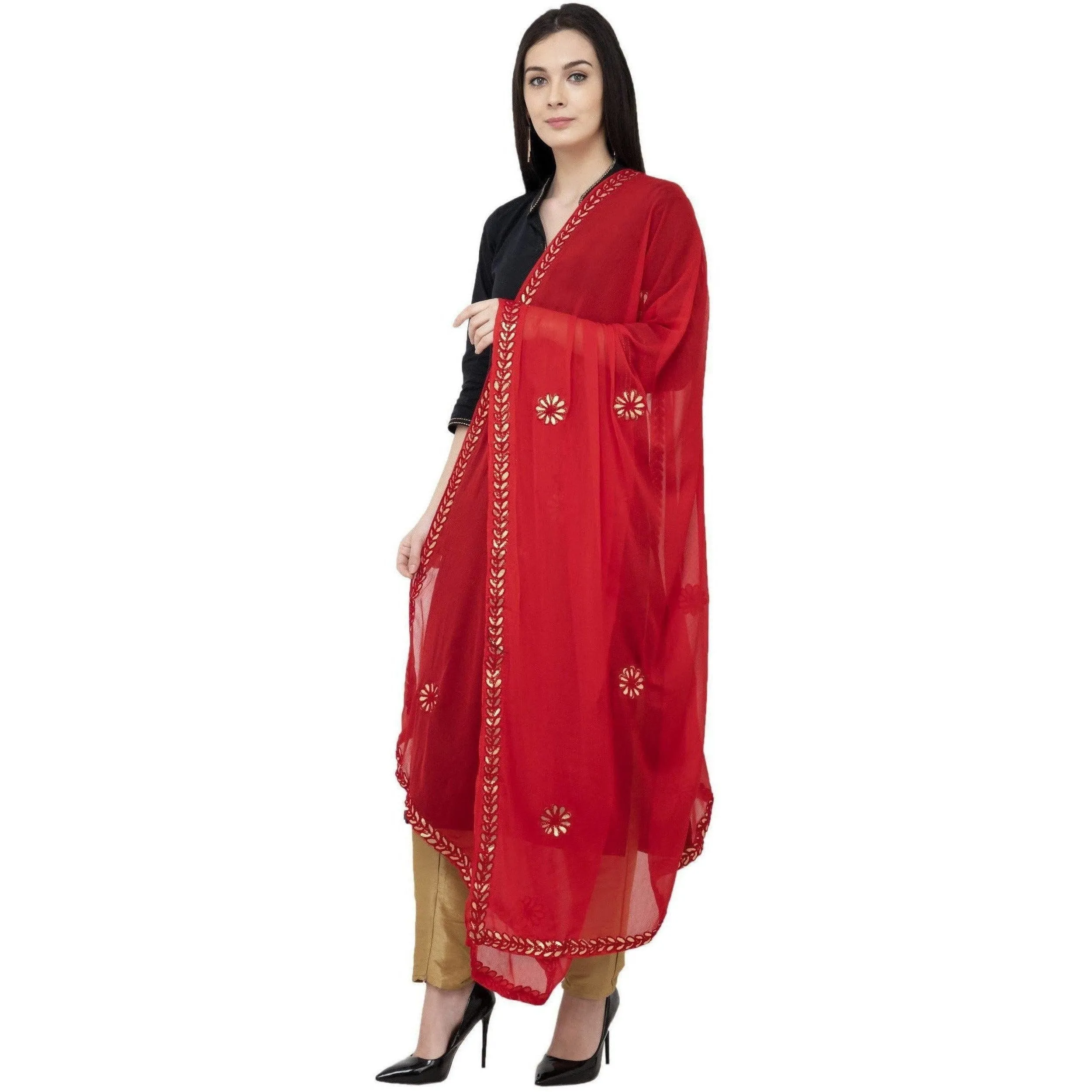 A R Silk Chiffon Gota Patti Fancy Dupatta Color Red Dupatta