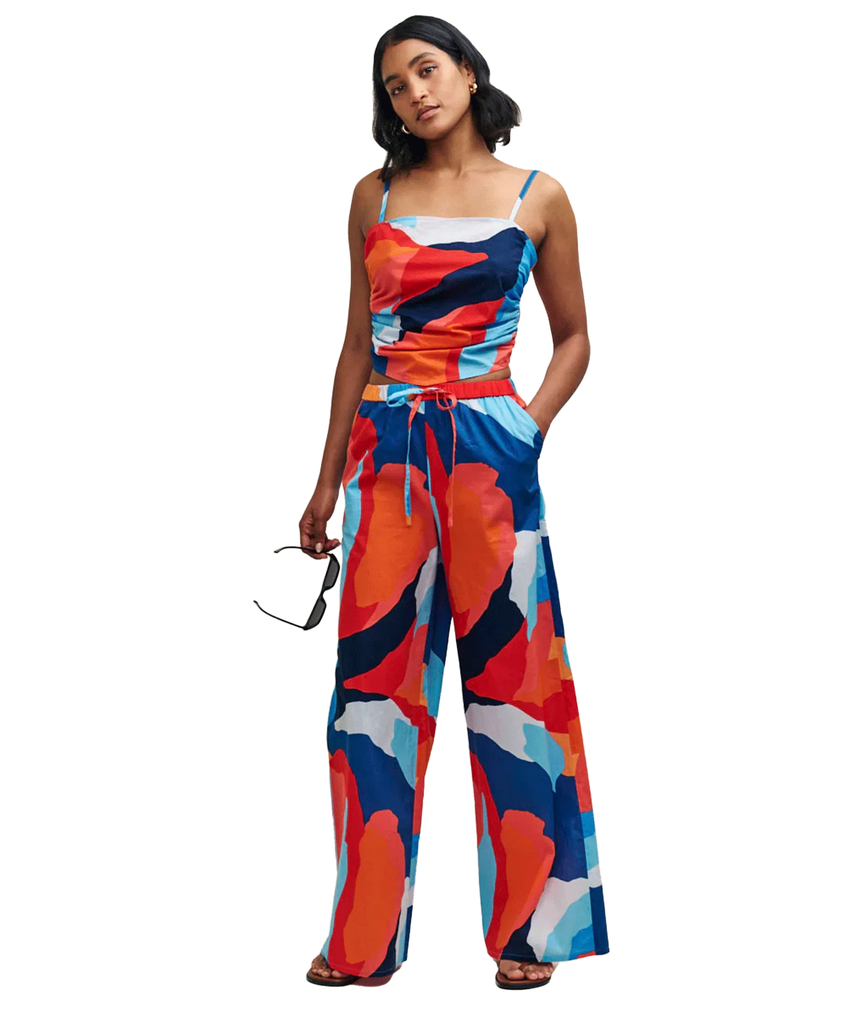 Abstract Print Wide Leg Drawstring Beach Trousers - Multi