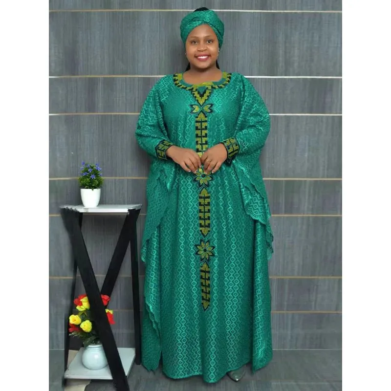 African Plus Size Embroidered Long Robe for Women – Lined with Headscarf, Modest Muslim Wear