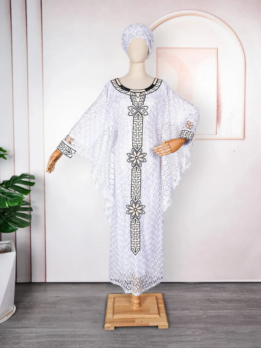 African Plus Size Embroidered Long Robe for Women – Lined with Headscarf, Modest Muslim Wear