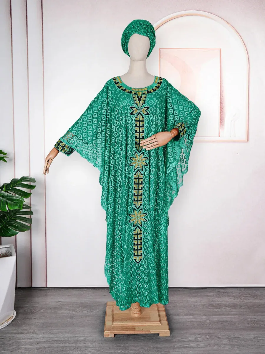 African Plus Size Embroidered Long Robe for Women – Lined with Headscarf, Modest Muslim Wear