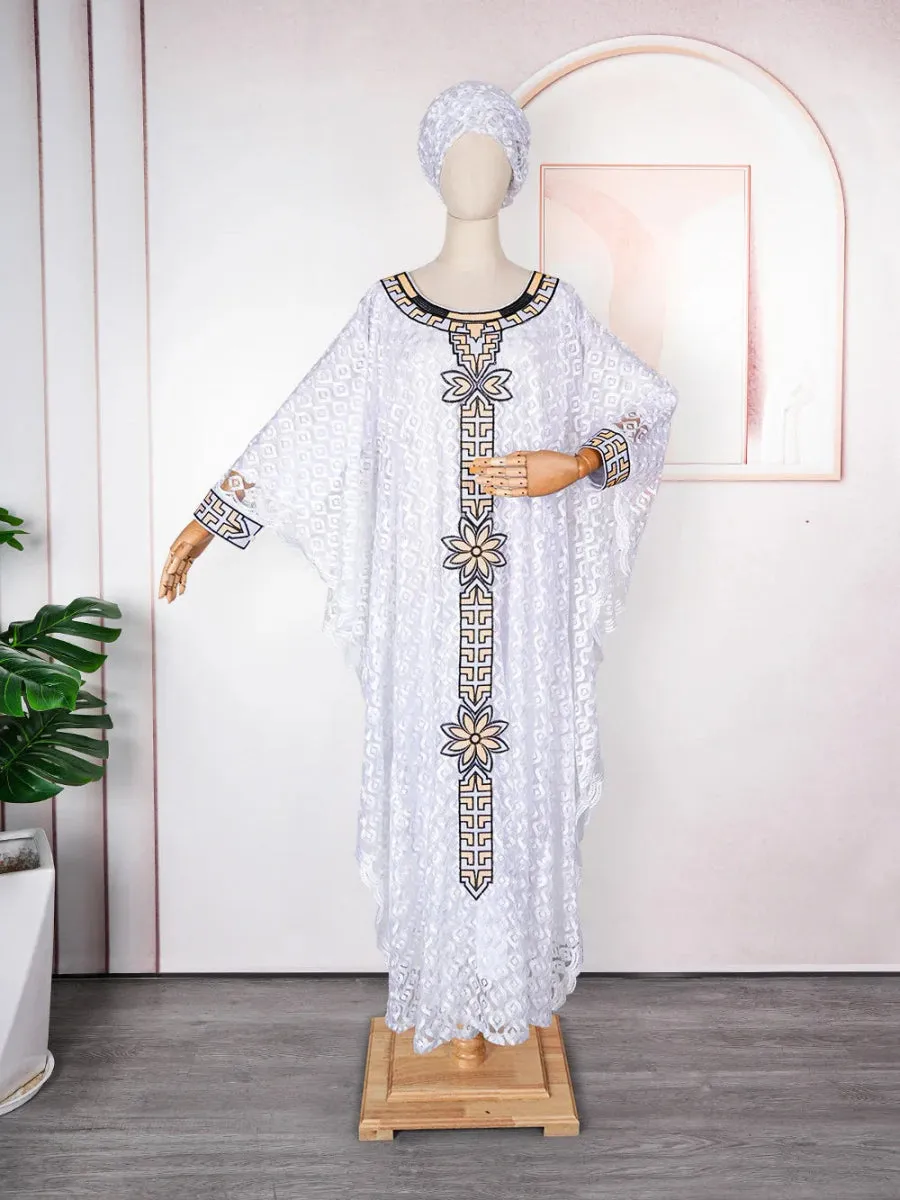 African Plus Size Embroidered Long Robe for Women – Lined with Headscarf, Modest Muslim Wear