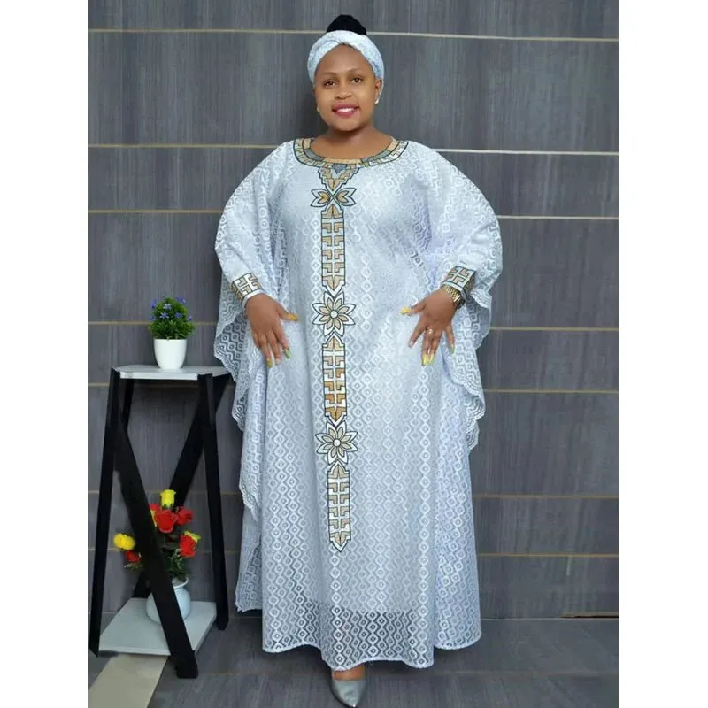 African Plus Size Embroidered Long Robe for Women – Lined with Headscarf, Modest Muslim Wear