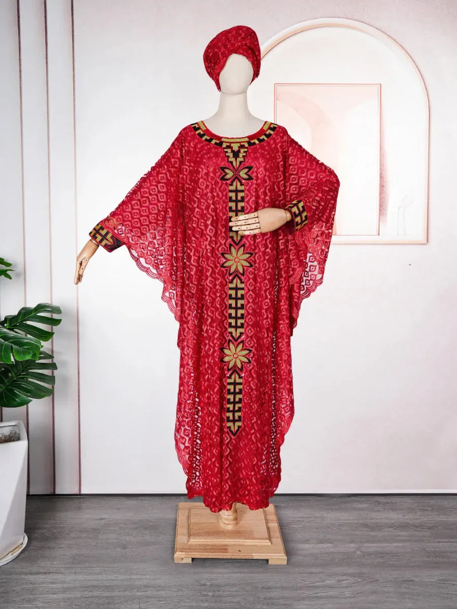 African Plus Size Embroidered Long Robe for Women – Lined with Headscarf, Modest Muslim Wear