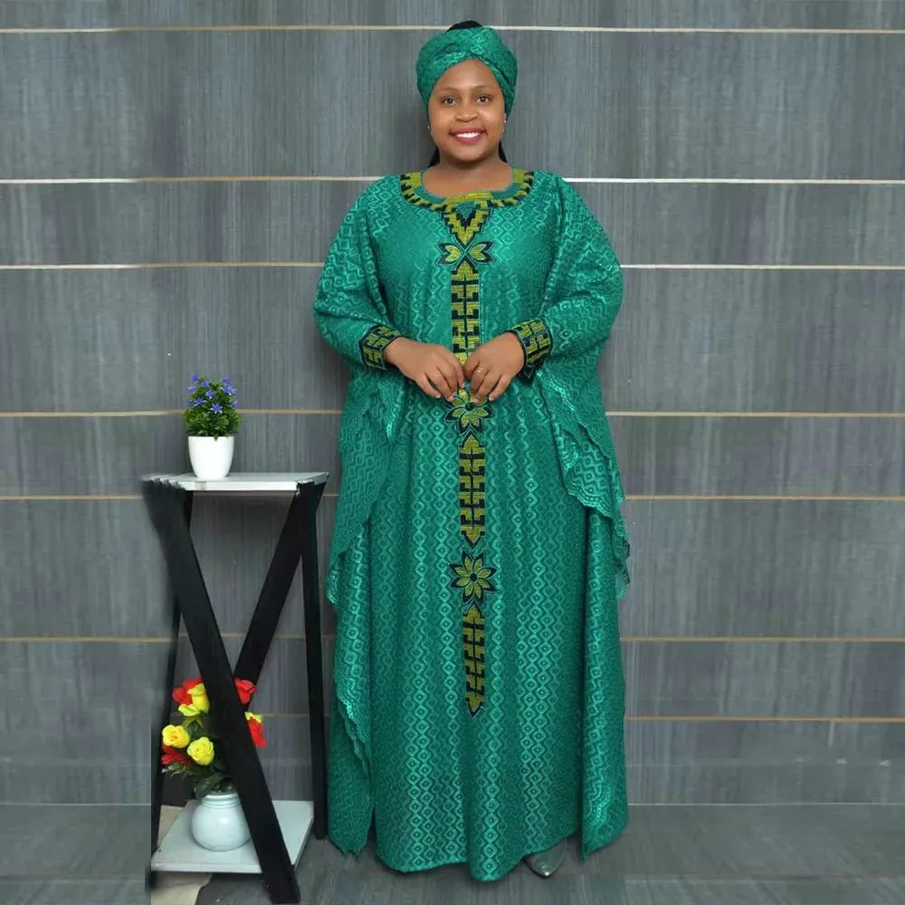 African Plus Size Embroidered Long Robe for Women – Lined with Headscarf, Modest Muslim Wear