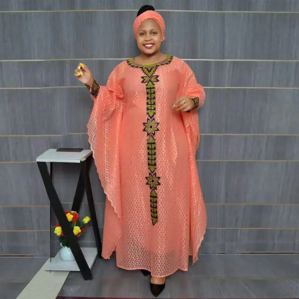 African Plus Size Embroidered Long Robe for Women – Lined with Headscarf, Modest Muslim Wear