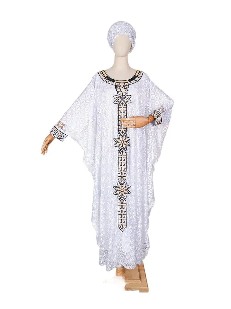 African Plus Size Embroidered Long Robe for Women – Lined with Headscarf, Modest Muslim Wear