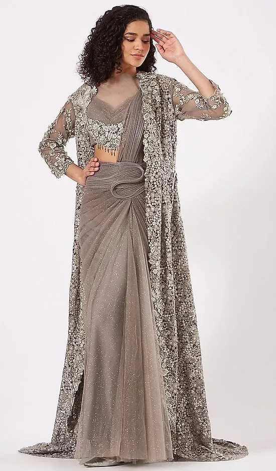 Anjalee and Arjun Kapoor's Grey Shimmer Draped Saree Set - Rent