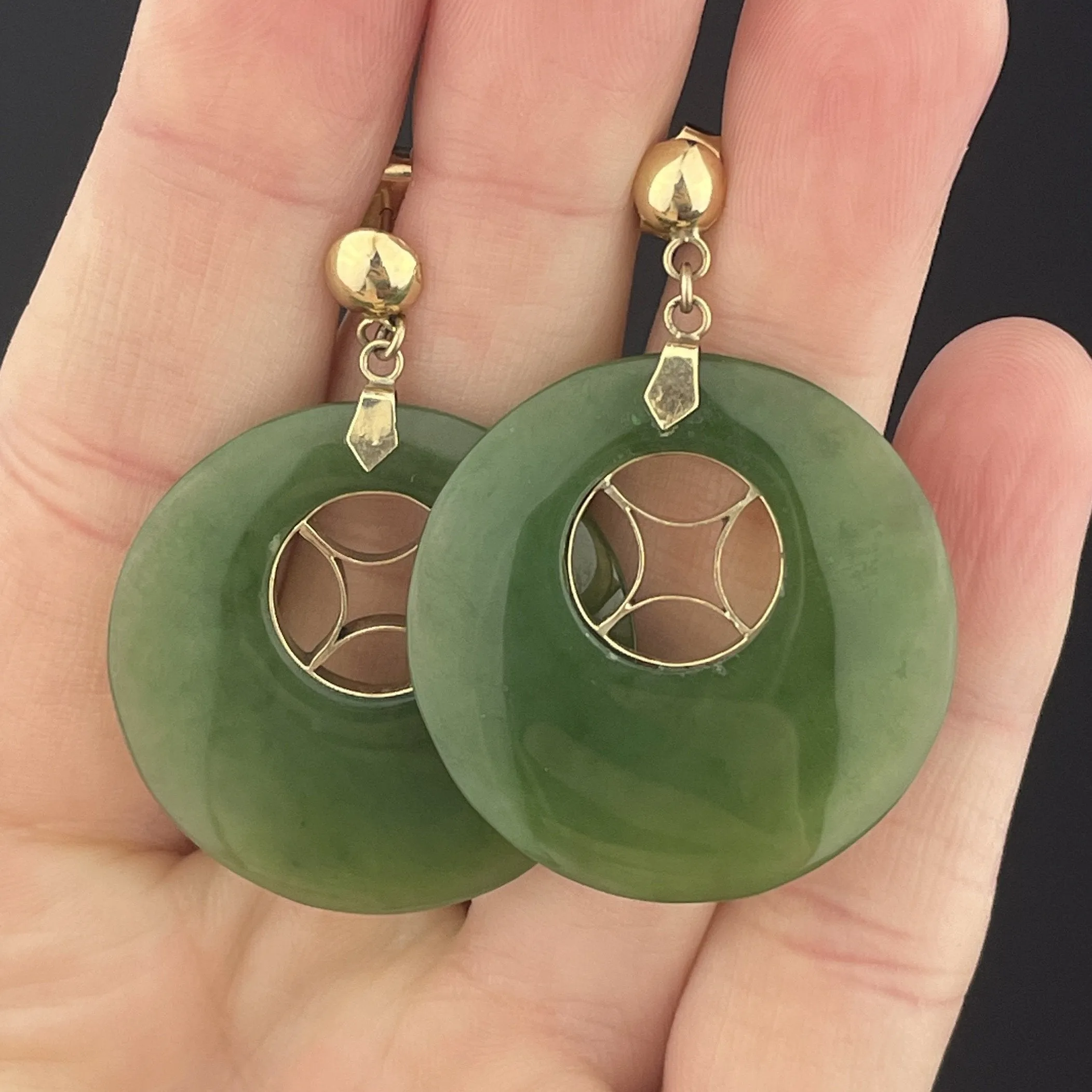 Antique 14K Gold Jade Round Disc Dangle Hoop Earrings