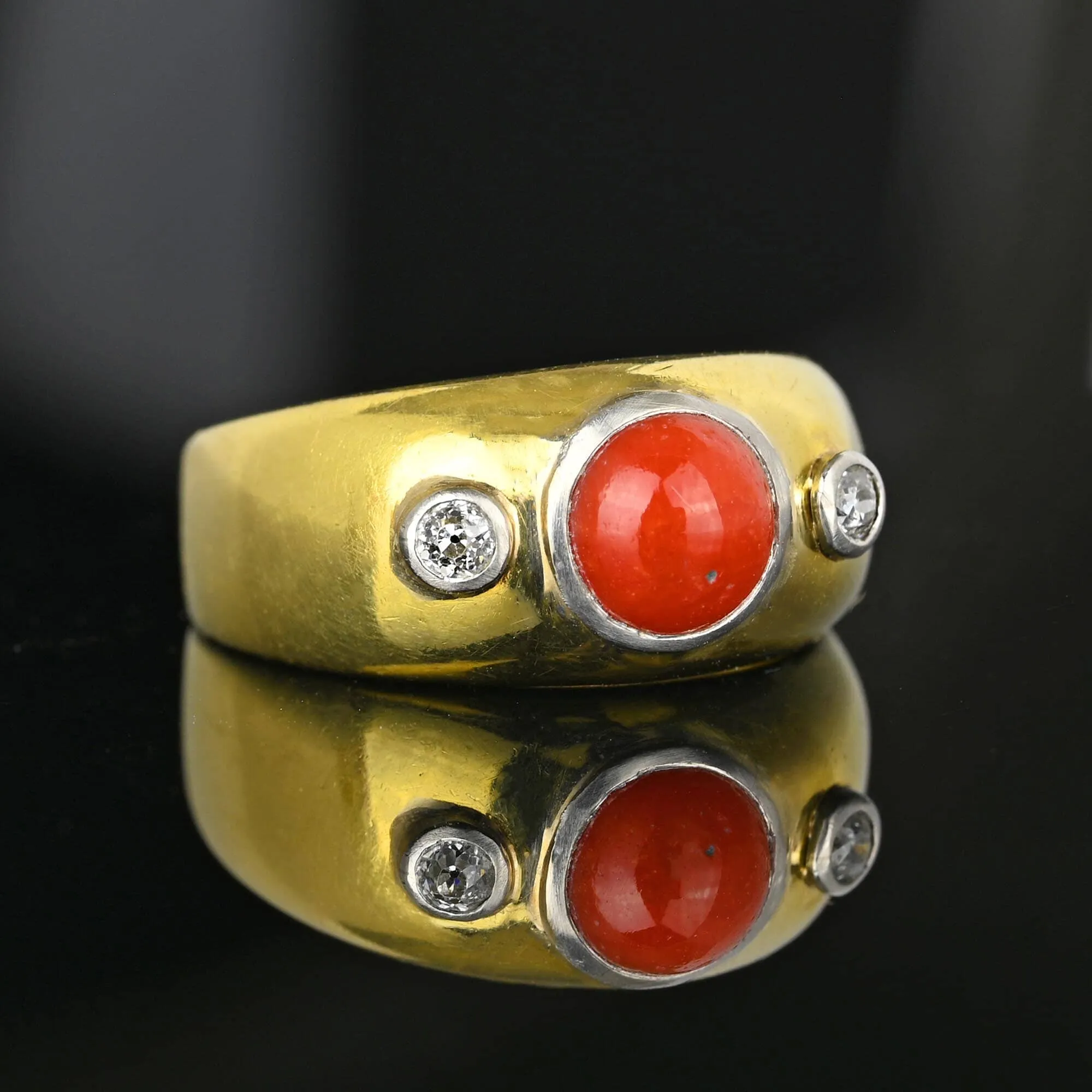 Antique 18K Gold Diamond Mediterranean Coral Ring Band