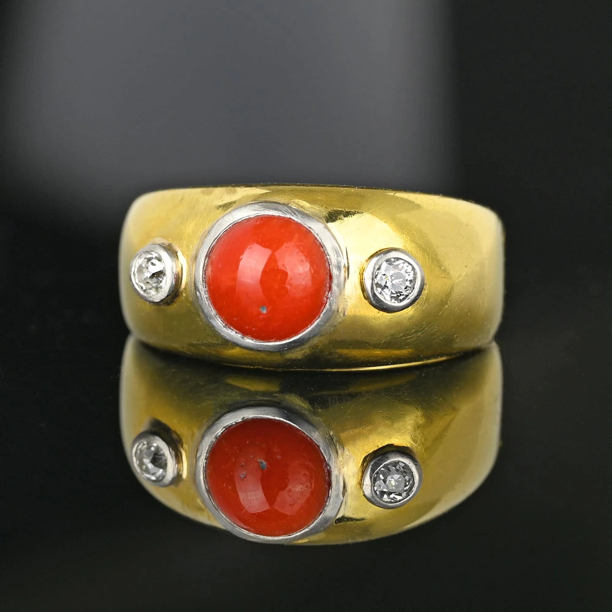 Antique 18K Gold Diamond Mediterranean Coral Ring Band