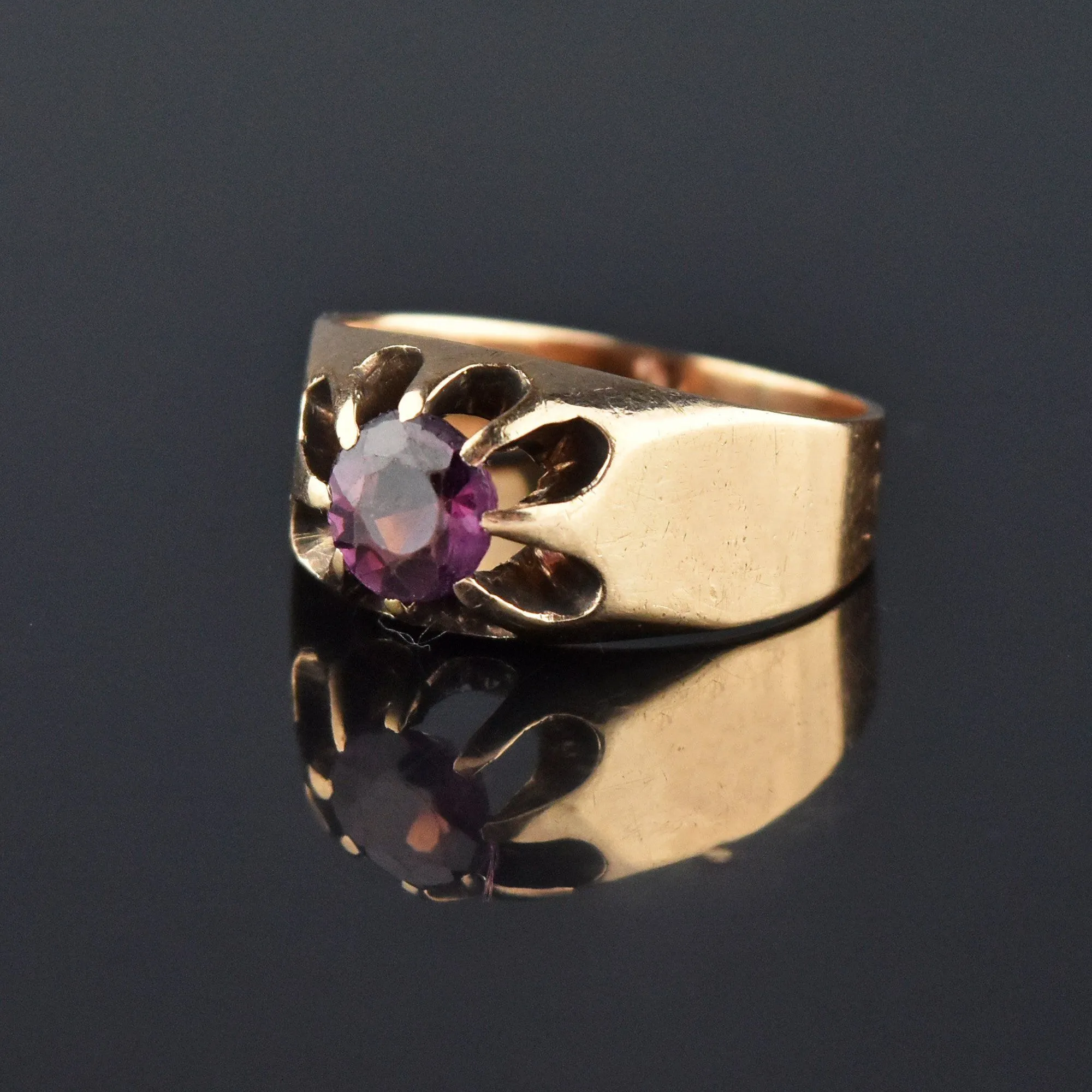 Antique Amethyst Gold Belcher Ring, Unisex Sz 7.75