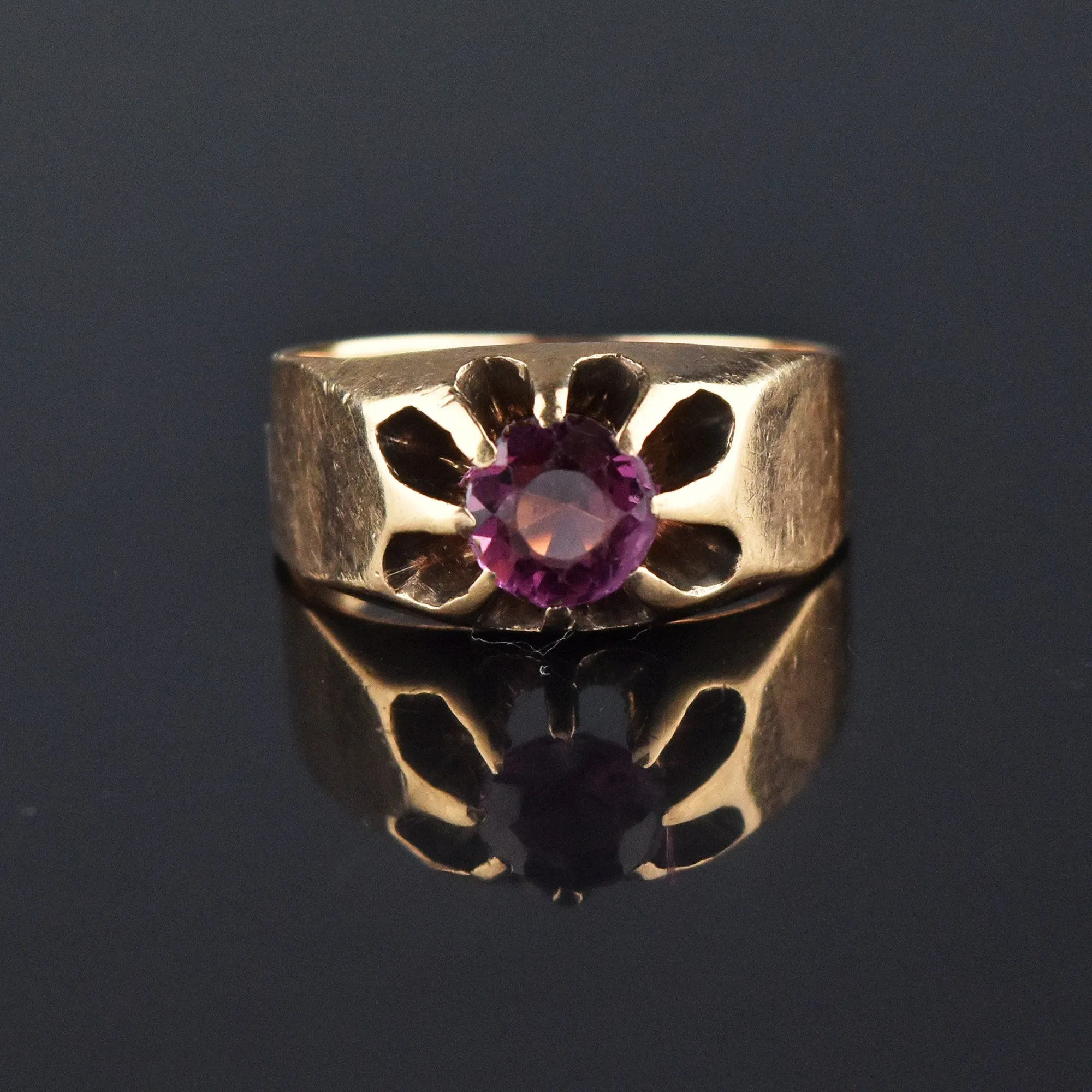 Antique Amethyst Gold Belcher Ring, Unisex Sz 7.75