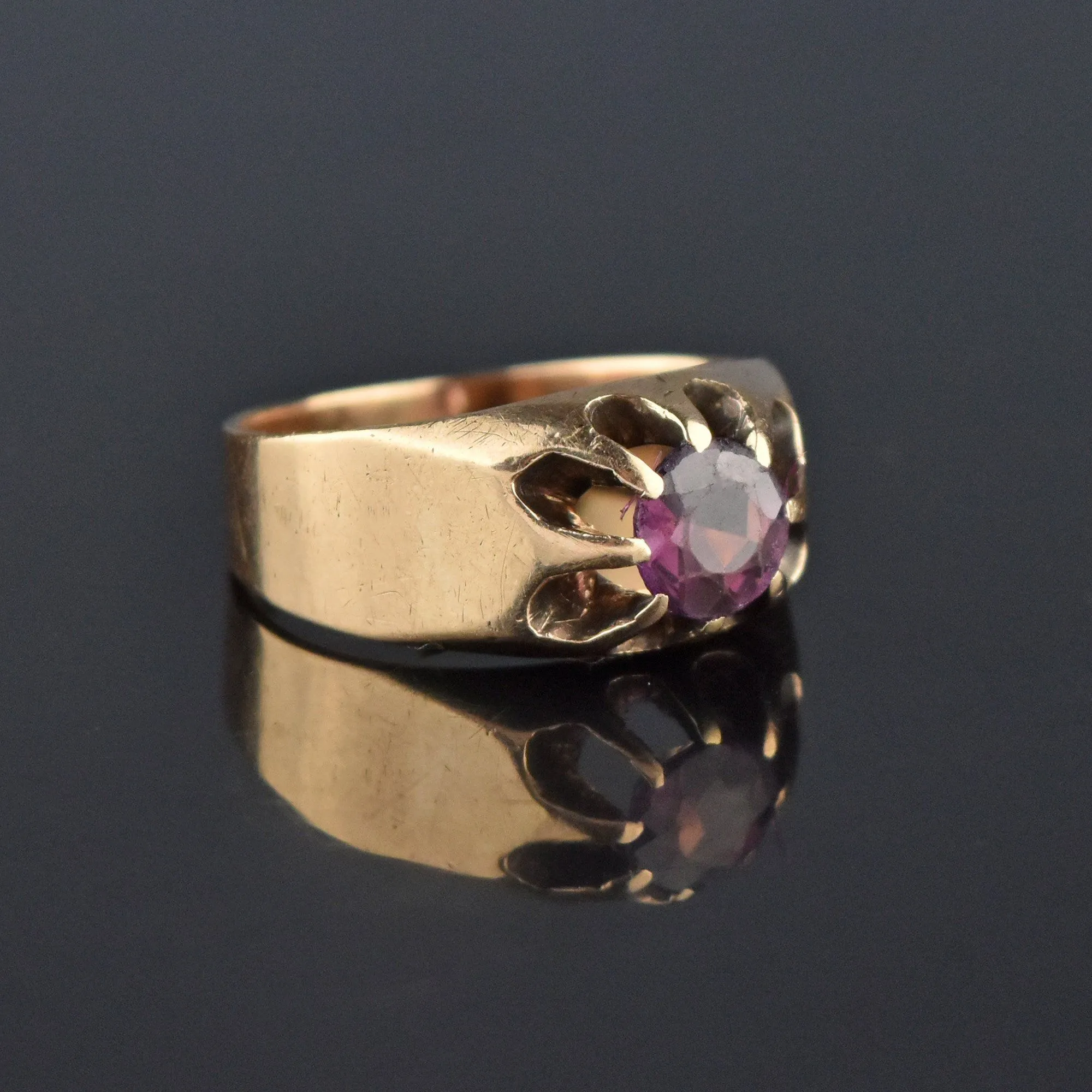 Antique Amethyst Gold Belcher Ring, Unisex Sz 7.75