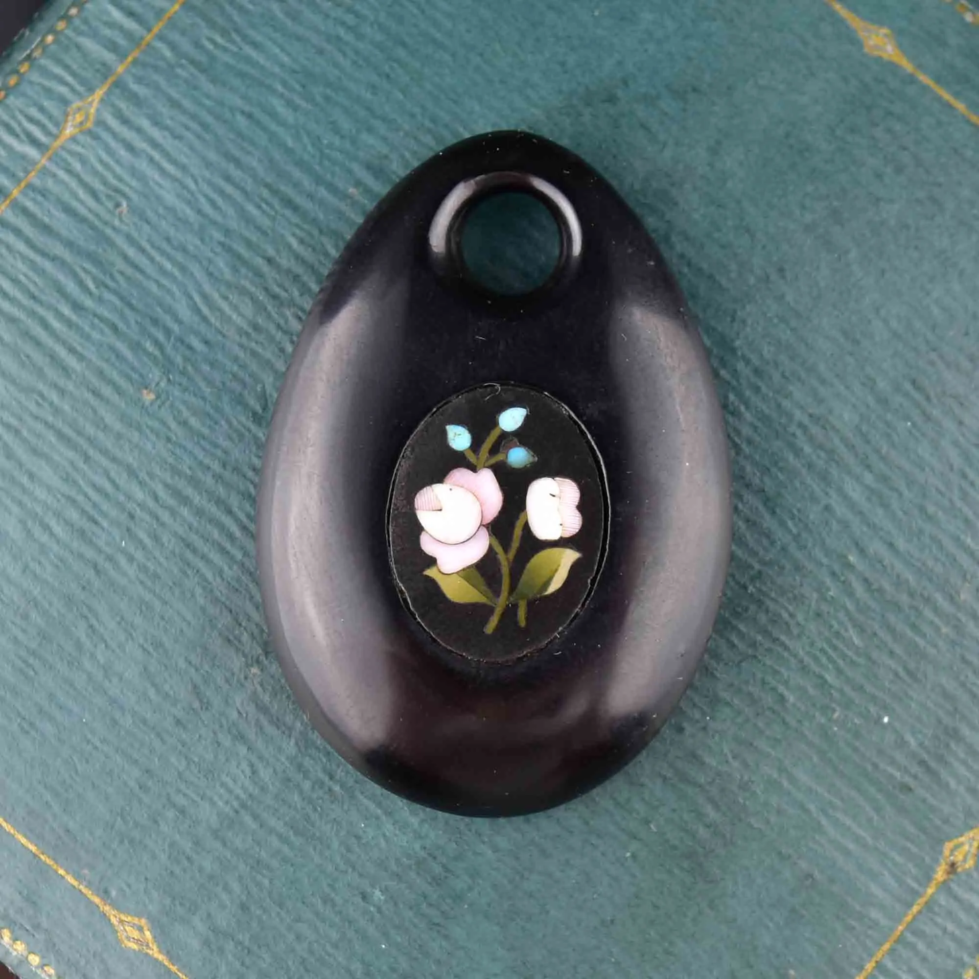 Antique Whitby Jet Pietra Dura Forget Me Not Pendant