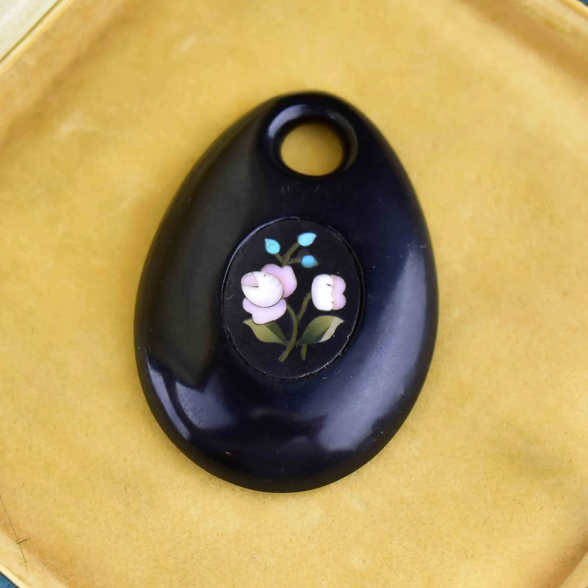 Antique Whitby Jet Pietra Dura Forget Me Not Pendant