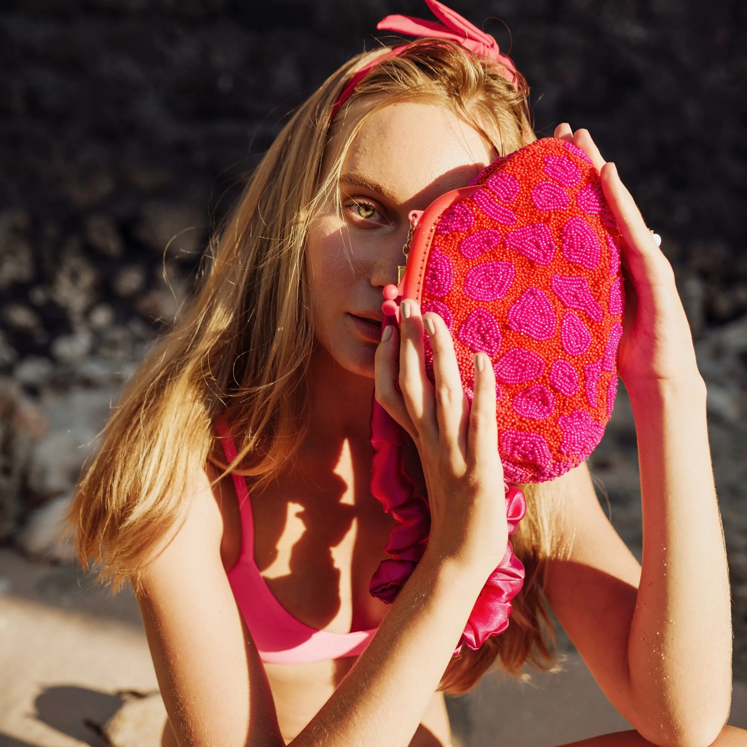 ARNOLDI JEAN Hand-Beaded Clutch, in Red & Pink