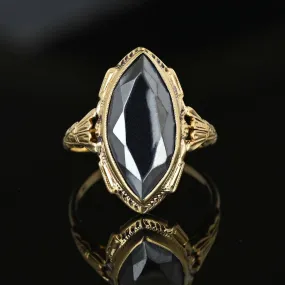 Art Deco Large Marquise Gray Hematite Ring in 10K Gold