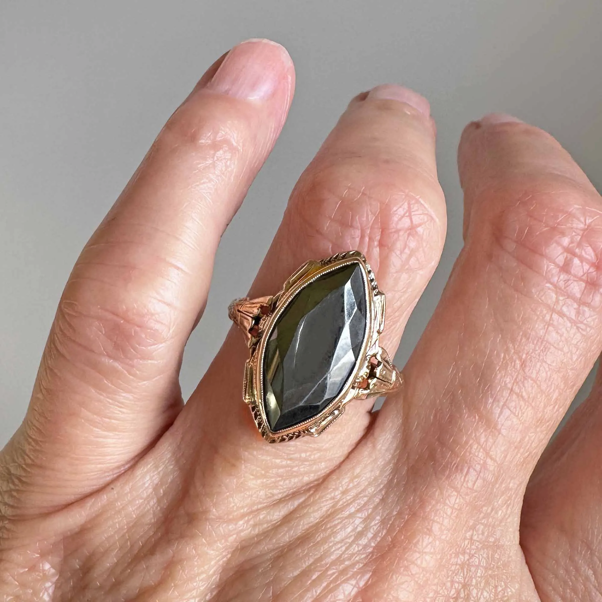 Art Deco Large Marquise Gray Hematite Ring in 10K Gold