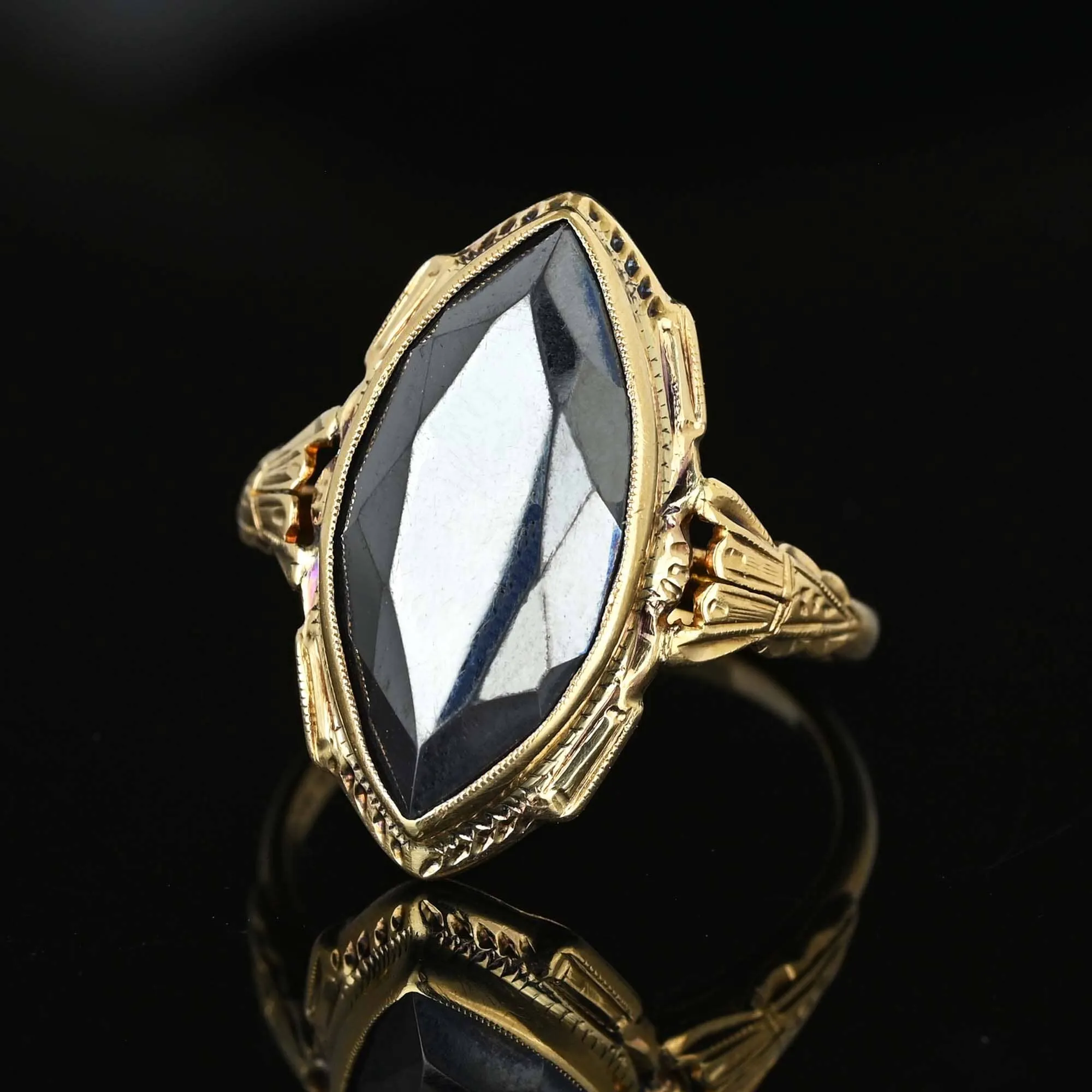 Art Deco Large Marquise Gray Hematite Ring in 10K Gold