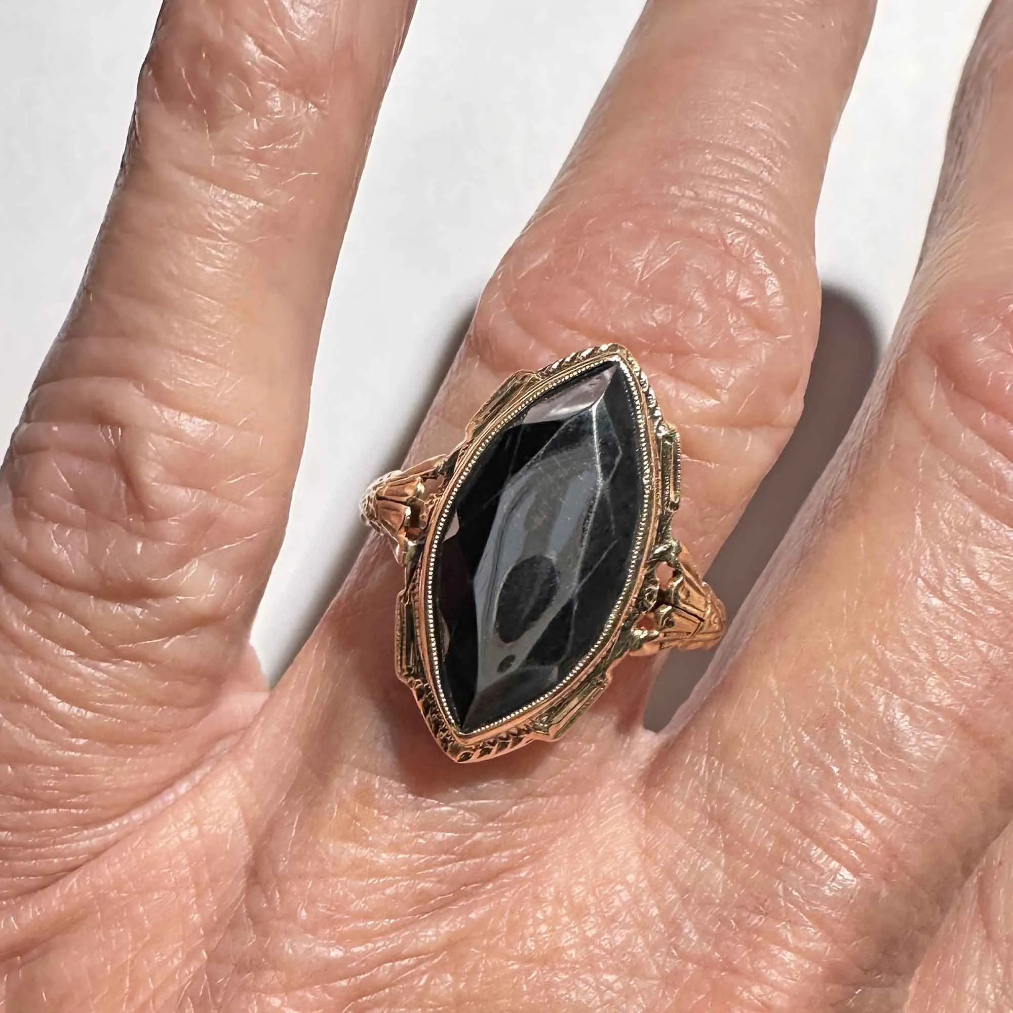 Art Deco Large Marquise Gray Hematite Ring in 10K Gold