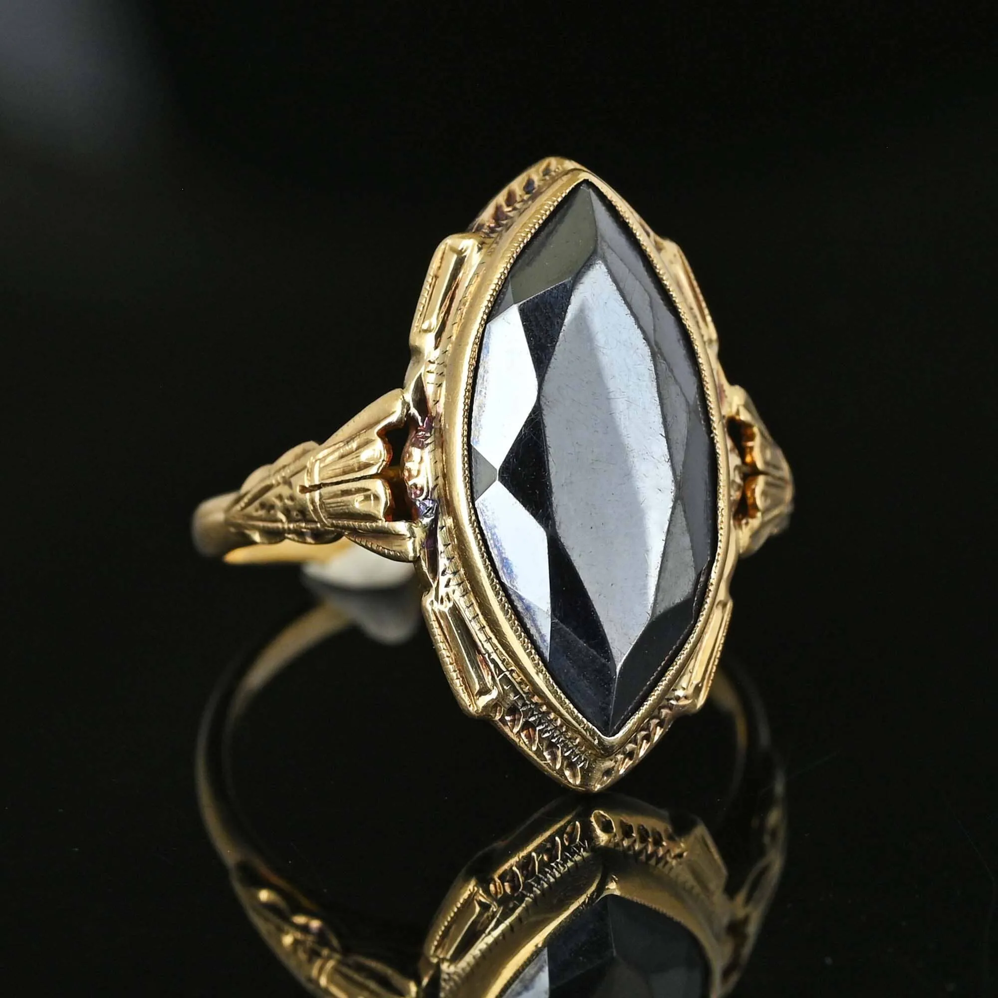 Art Deco Large Marquise Gray Hematite Ring in 10K Gold