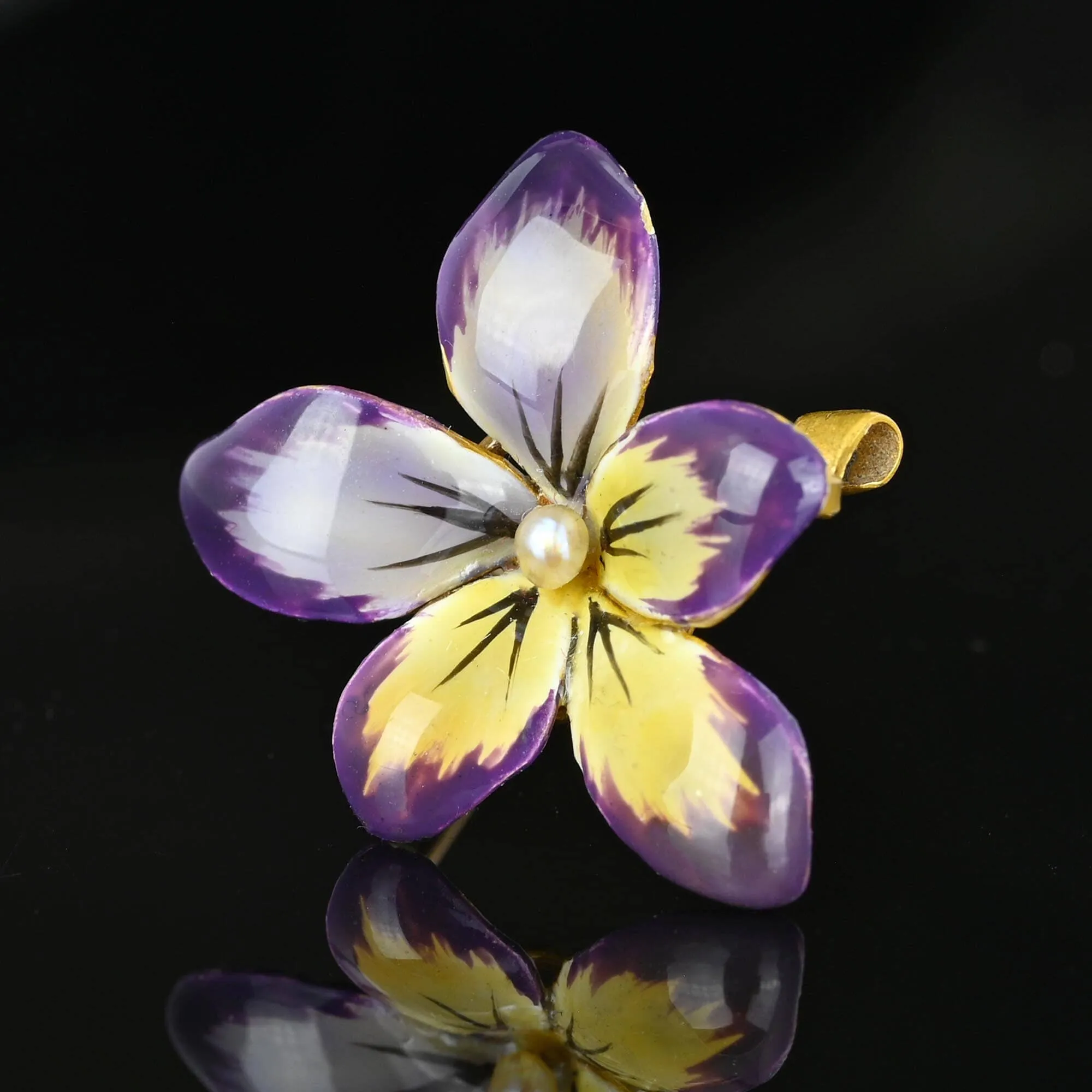 Art Nouveau 14K Gold Enamel Viola Pansy Brooch