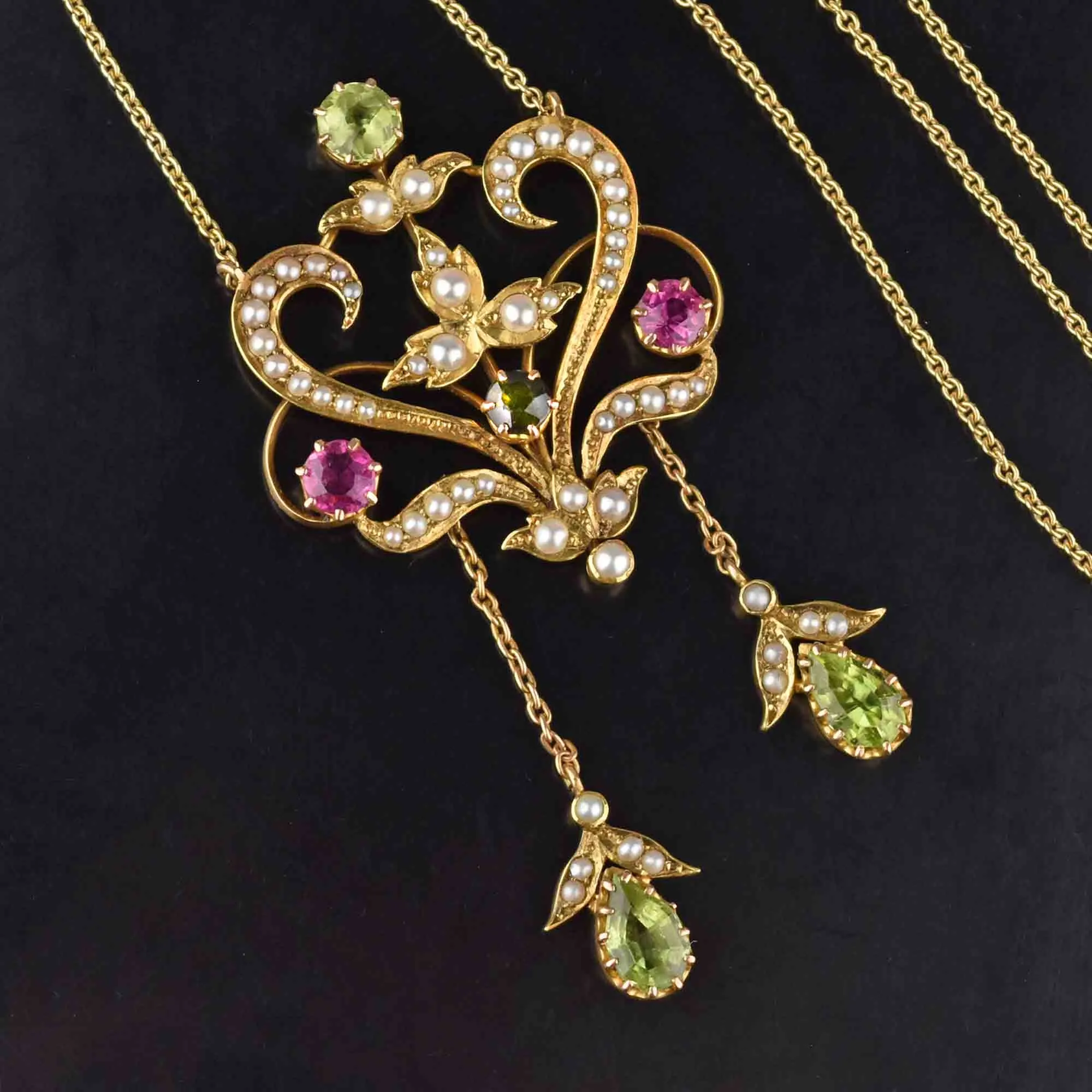 Art Nouveau 18K Gold Peridot Tourmaline Pearl Necklace