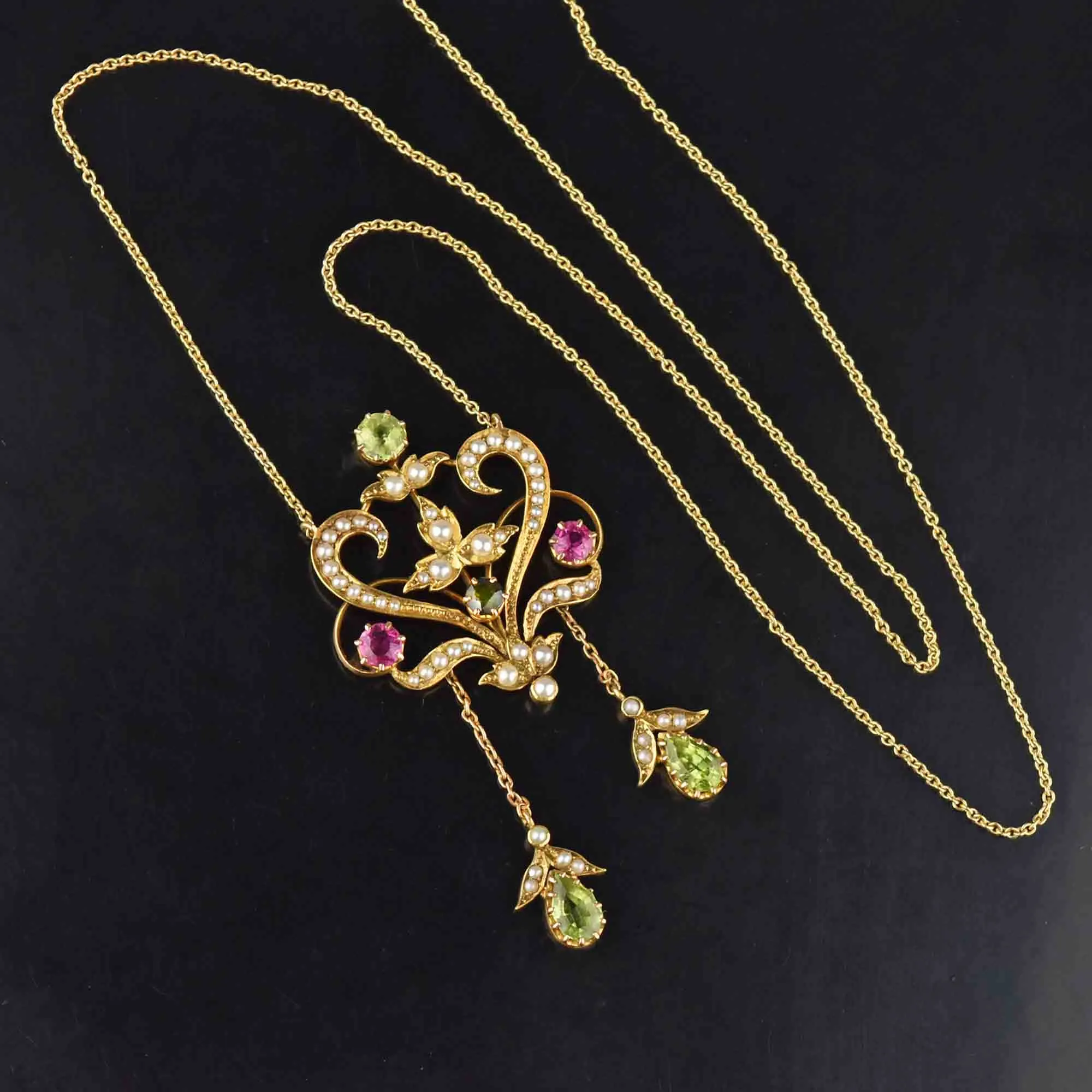 Art Nouveau 18K Gold Peridot Tourmaline Pearl Necklace