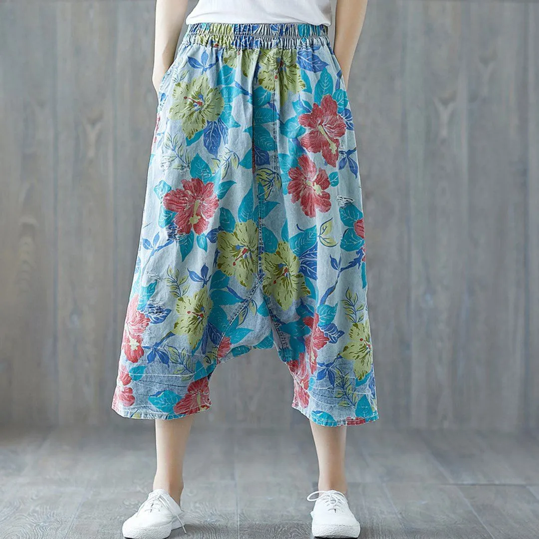 Babakud Floral Drawstring Casual Drop Crotch Loose Ripped Pants