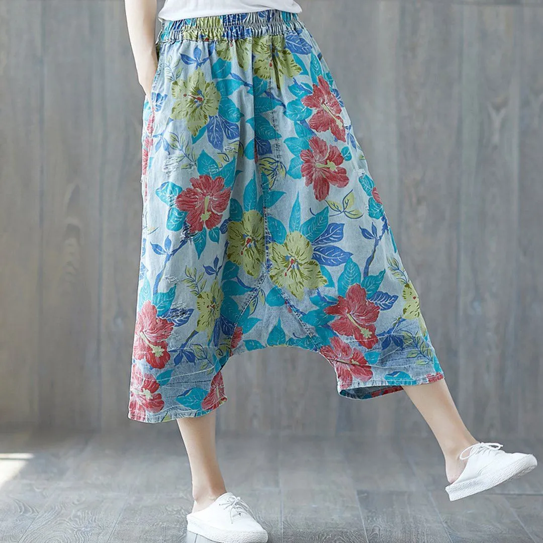 Babakud Floral Drawstring Casual Drop Crotch Loose Ripped Pants