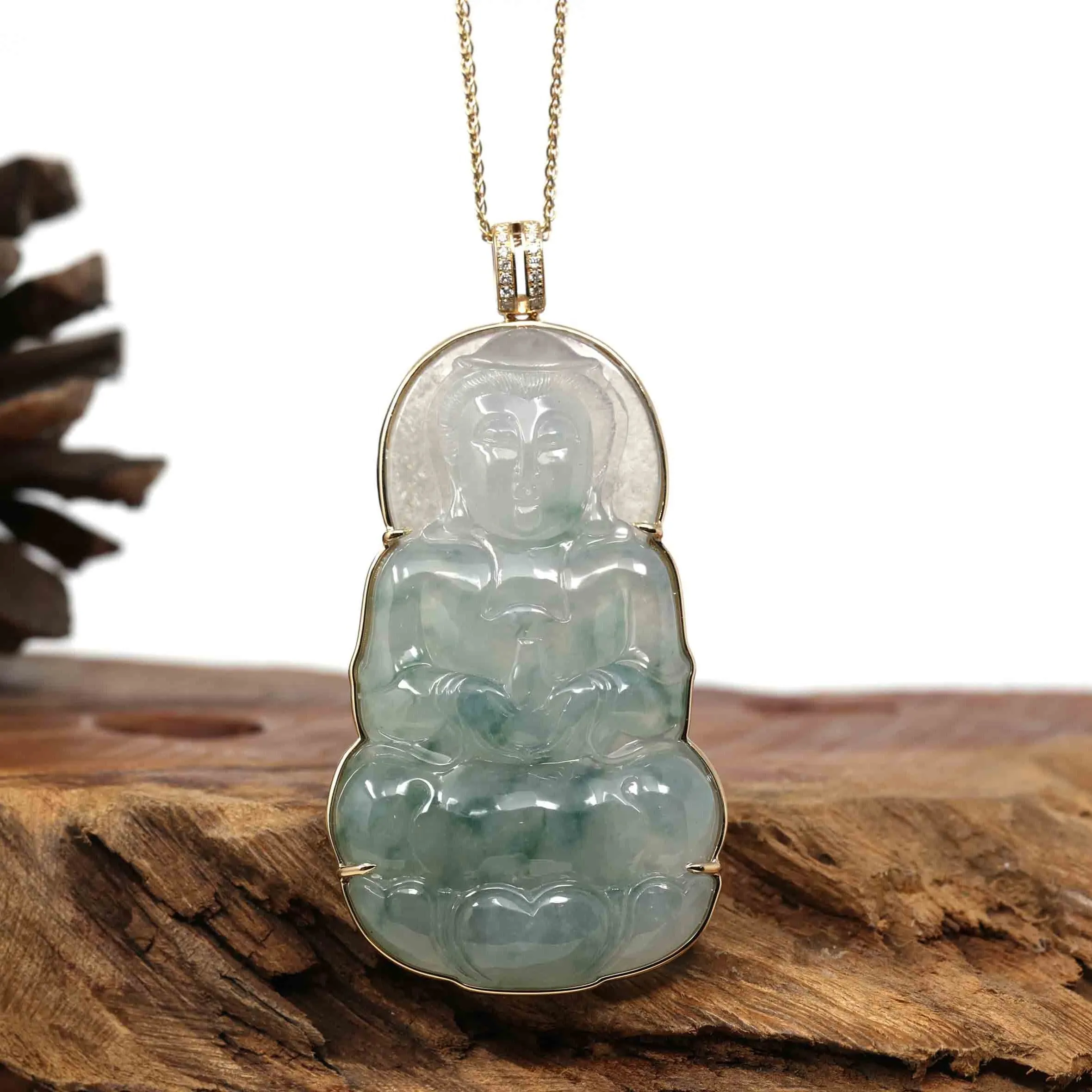 Baikalla 14k Yellow Gold "Goddess of Compassion" Genuine Ice Burmese Jadeite Jade Guanyin Necklace With Gold Bail