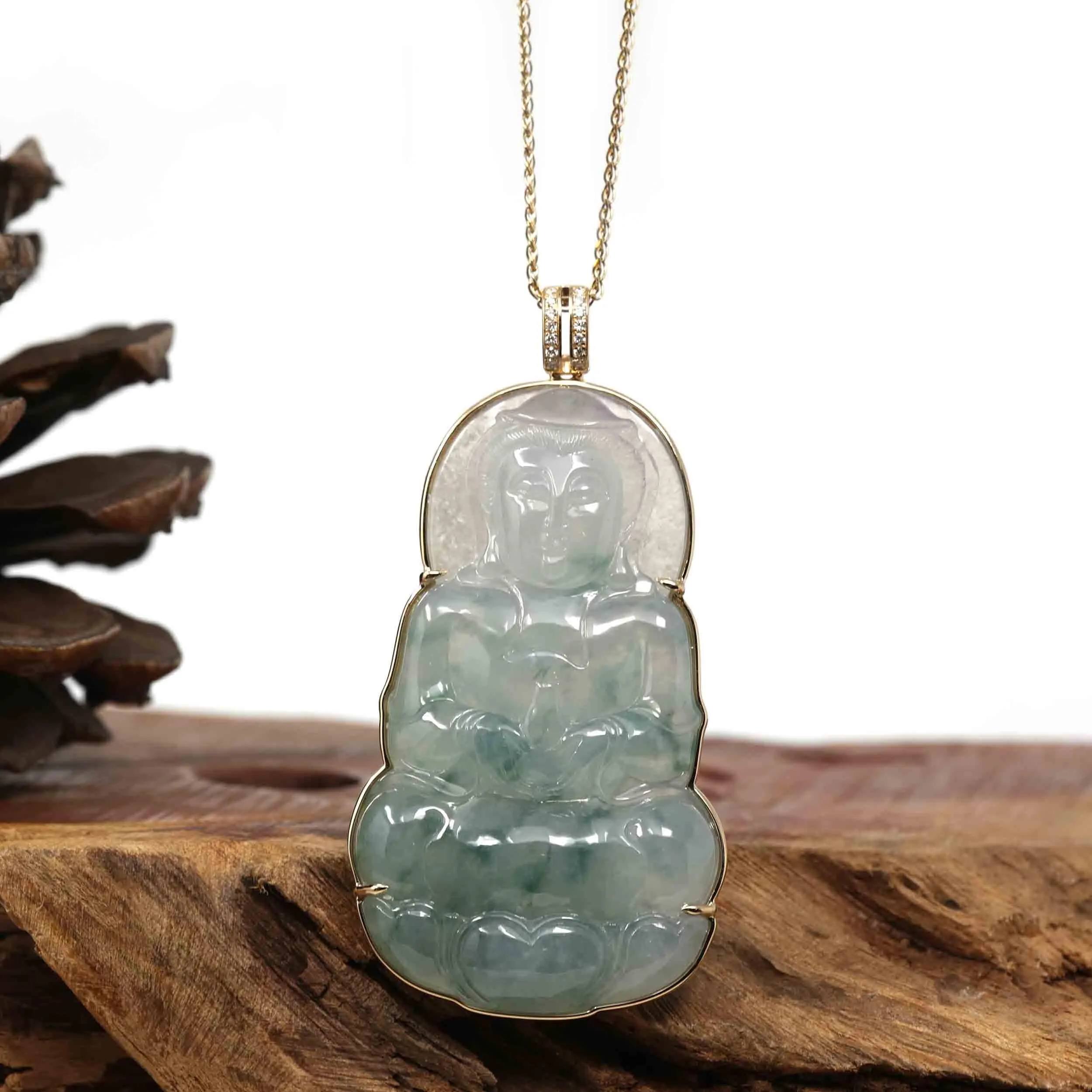 Baikalla 14k Yellow Gold "Goddess of Compassion" Genuine Ice Burmese Jadeite Jade Guanyin Necklace With Gold Bail