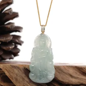 Baikalla 14k Yellow Gold "Goddess of Compassion" Genuine Ice Burmese Jadeite Jade Guanyin Necklace With Gold Diamond Bail