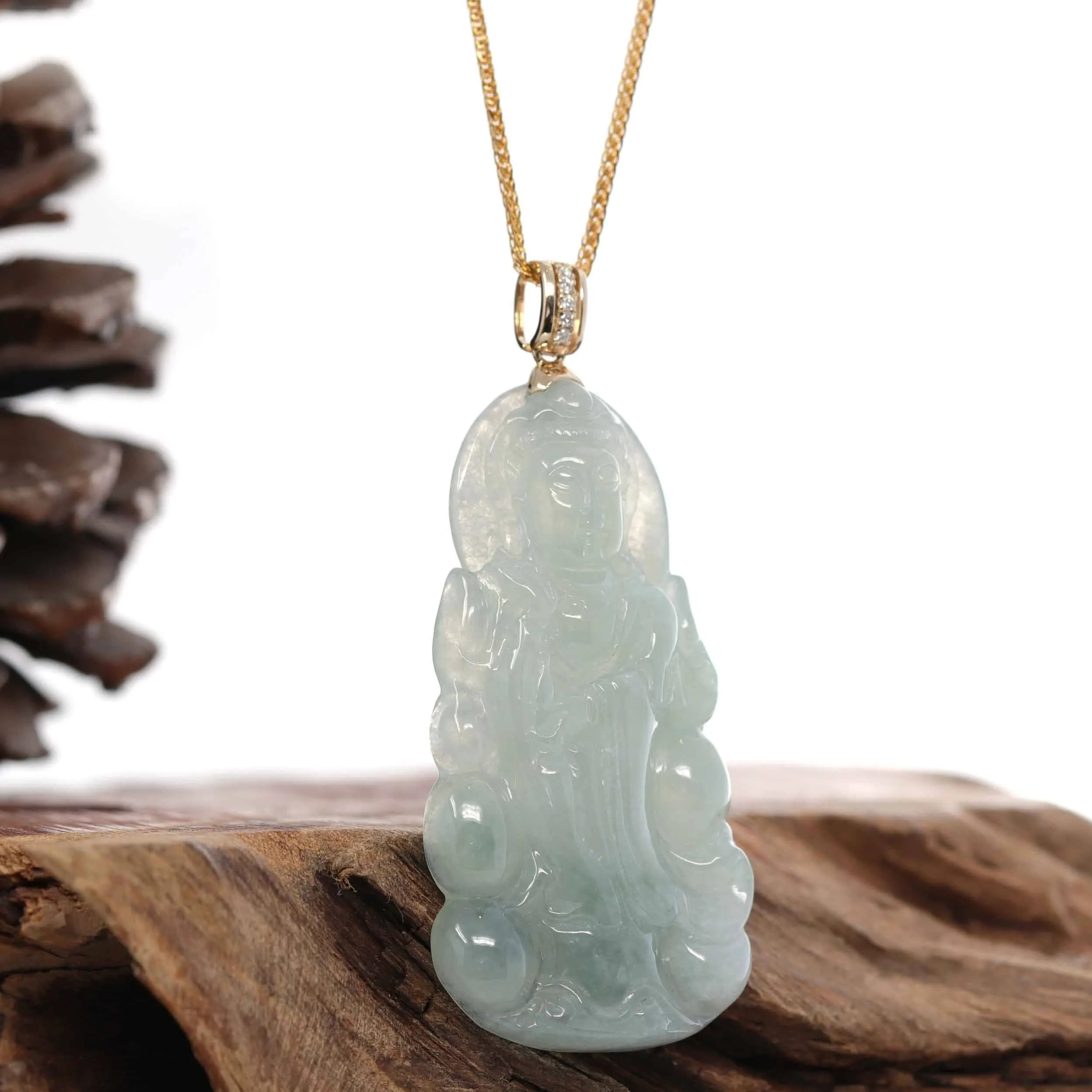 Baikalla 14k Yellow Gold "Goddess of Compassion" Genuine Ice Burmese Jadeite Jade Guanyin Necklace With Gold Diamond Bail