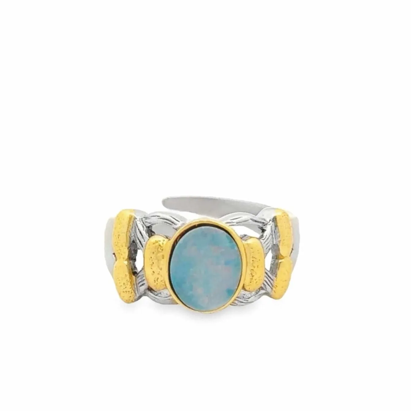 Baikalla Antique Natural Opal Sterling Silver Gold Plated Two Tone Ring