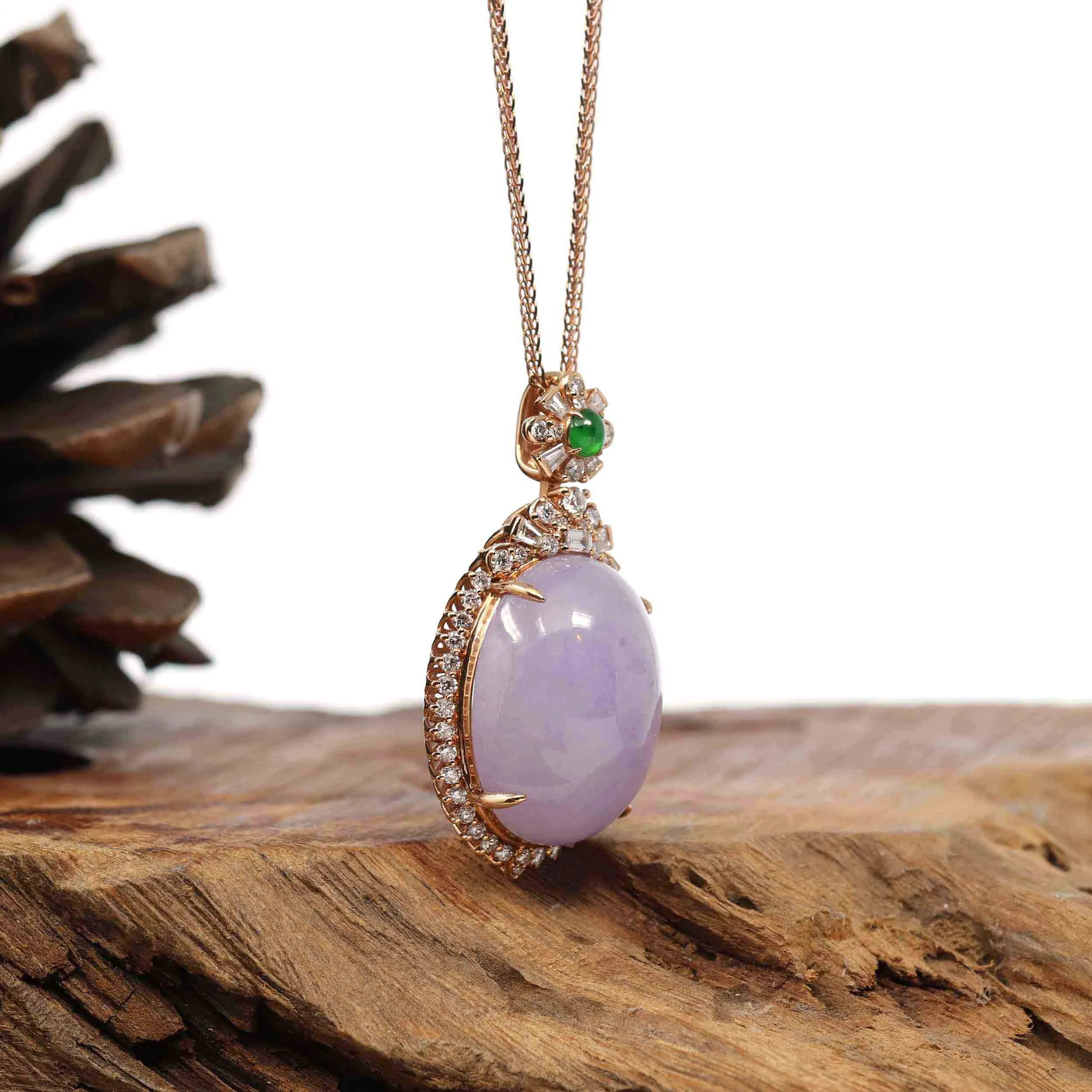 Baikalla High-end 18k Rose Gold Burmese Lavender Jadeite Jade Pendant Necklace with Diamond