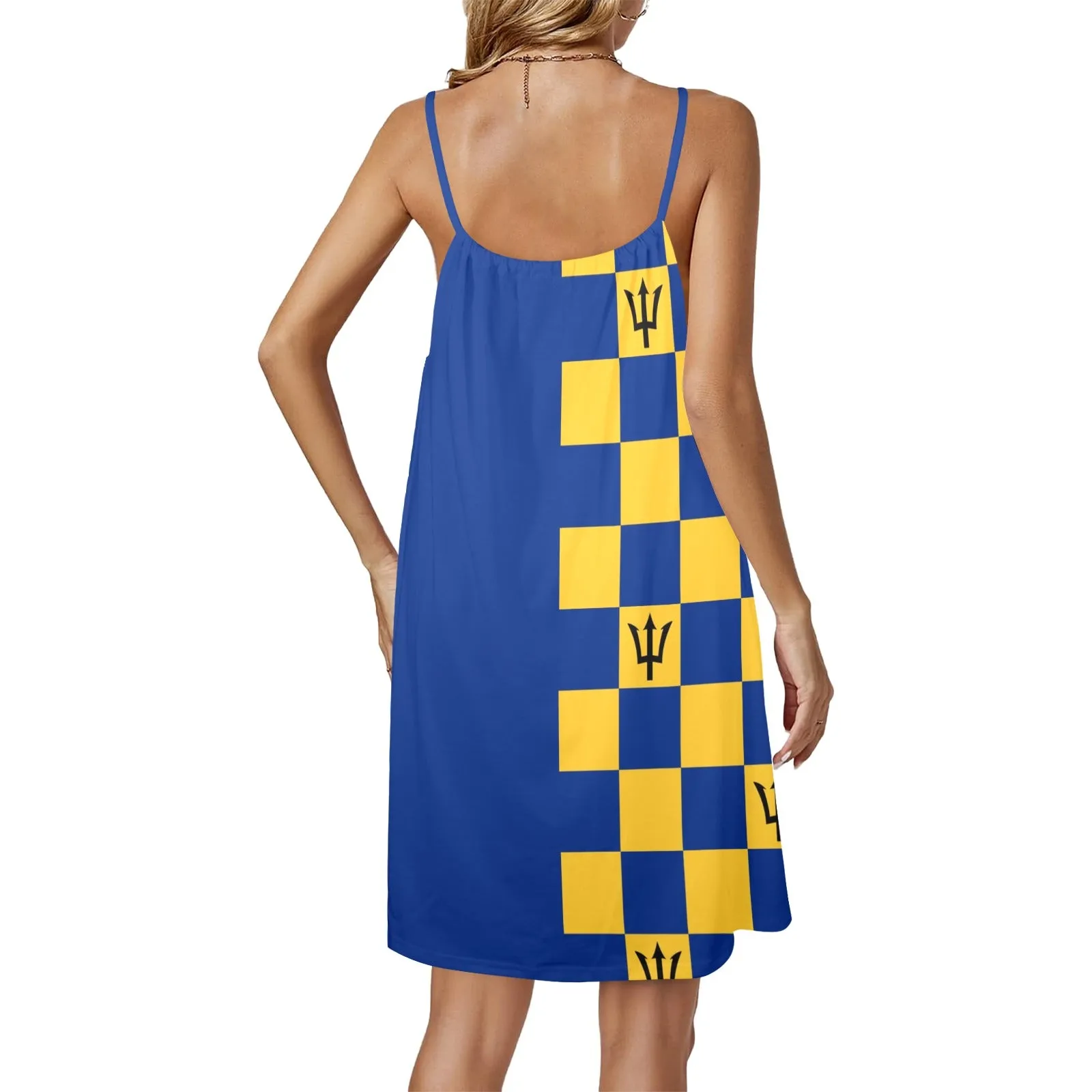 barbados blue Drawstring Neck Sleeveless Dress (Model D68)