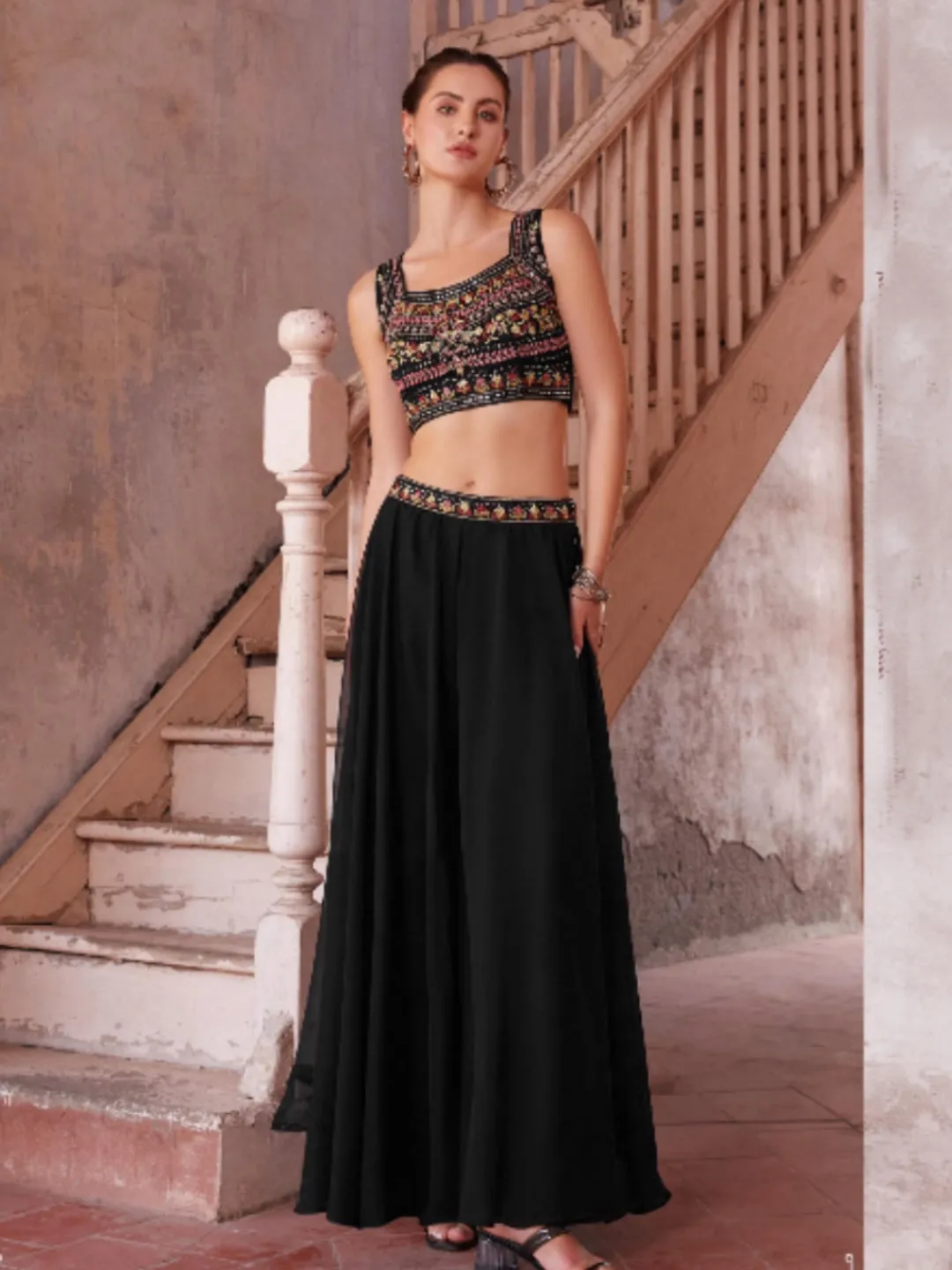 Black Georgette Embroidery Sharara - Rent